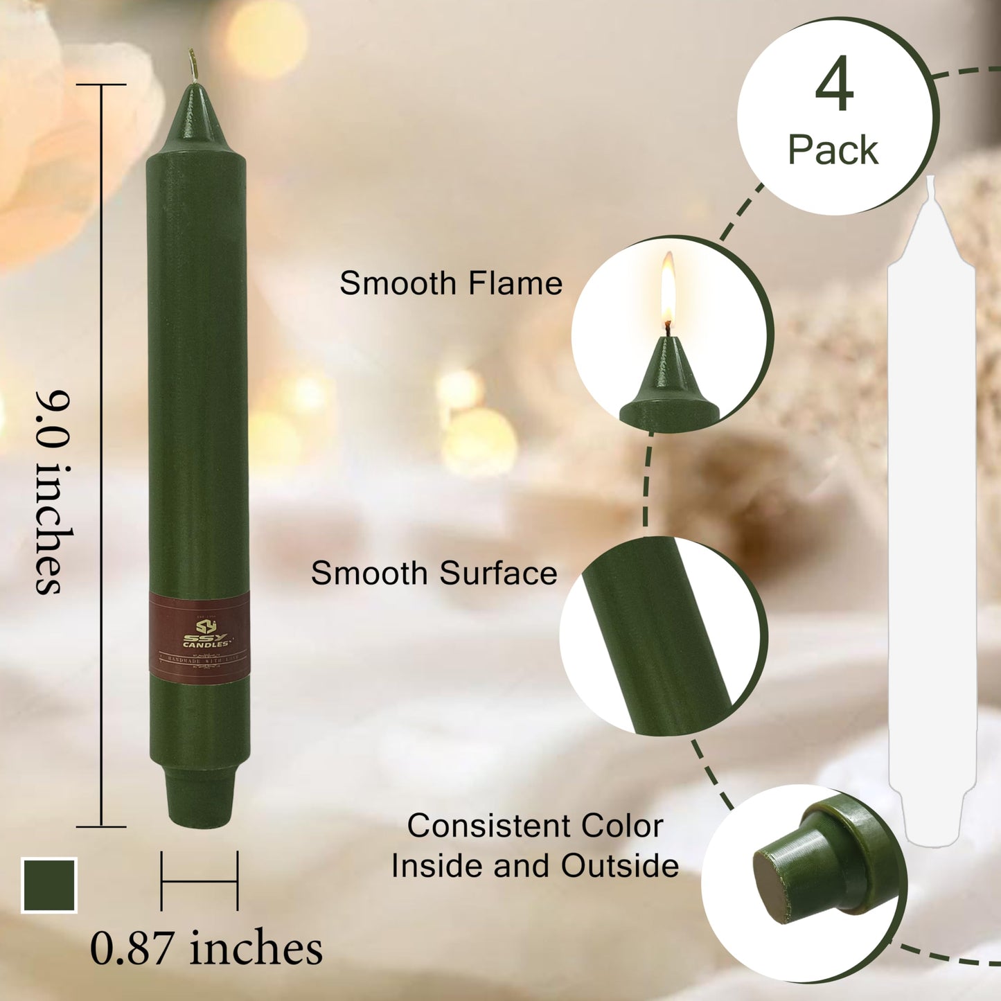 Olive Green Taper Candles Sticks Unscented 9 inch Tapered Candle Ideal as Dinner Smokeless Long Burning Candlesticks for Weddings Dinner Party Home Decor