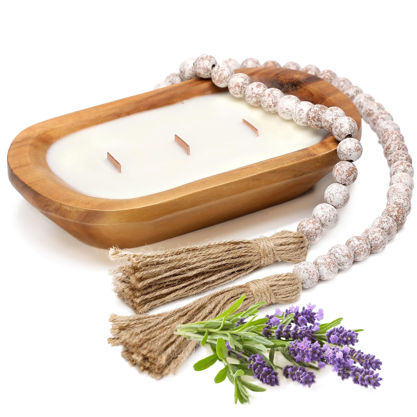 Wooden Bowl Soy Candle 10 Inch, Large Farmhouse for Table, Lavender Scented, 3 Wood Wicks, Christmas Gifts for Men & Women