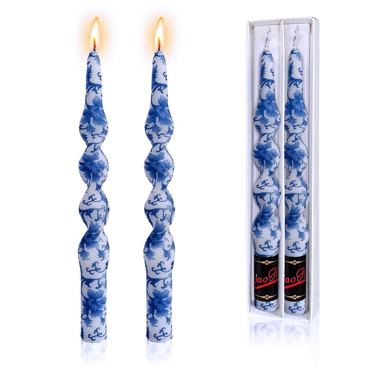 NJAO HOO Floral Taper Candles 10 in Spiral Candlesticks Hand Printed Blue and White Candlestick Twisted Taper Candle for Home Garden Decor, 2Pcs