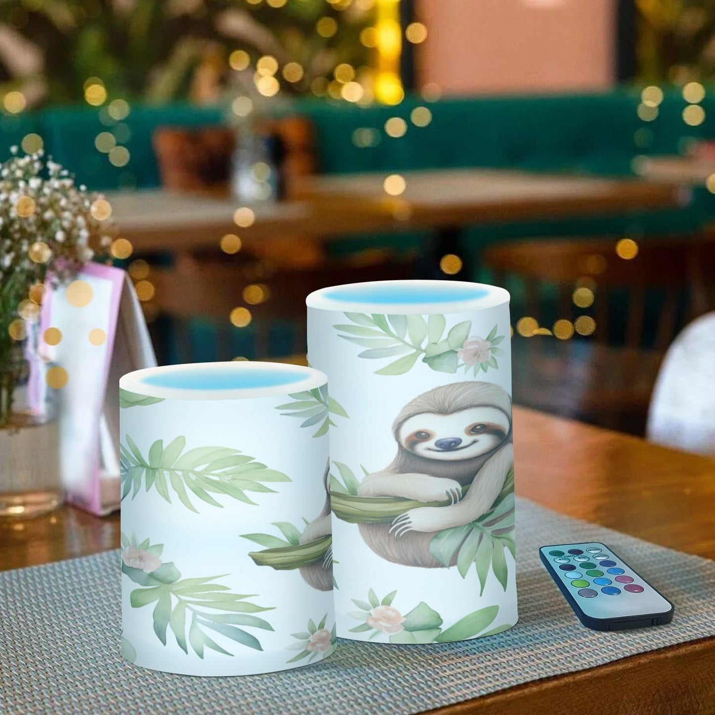 GUIJI Leaf and Sloth Flameless Candles, Flameless Candles with Remote Set of 2, Flameless Candles Battery Operated, Pillar Candles Home Decoration, Christmas, Party, E08D23009