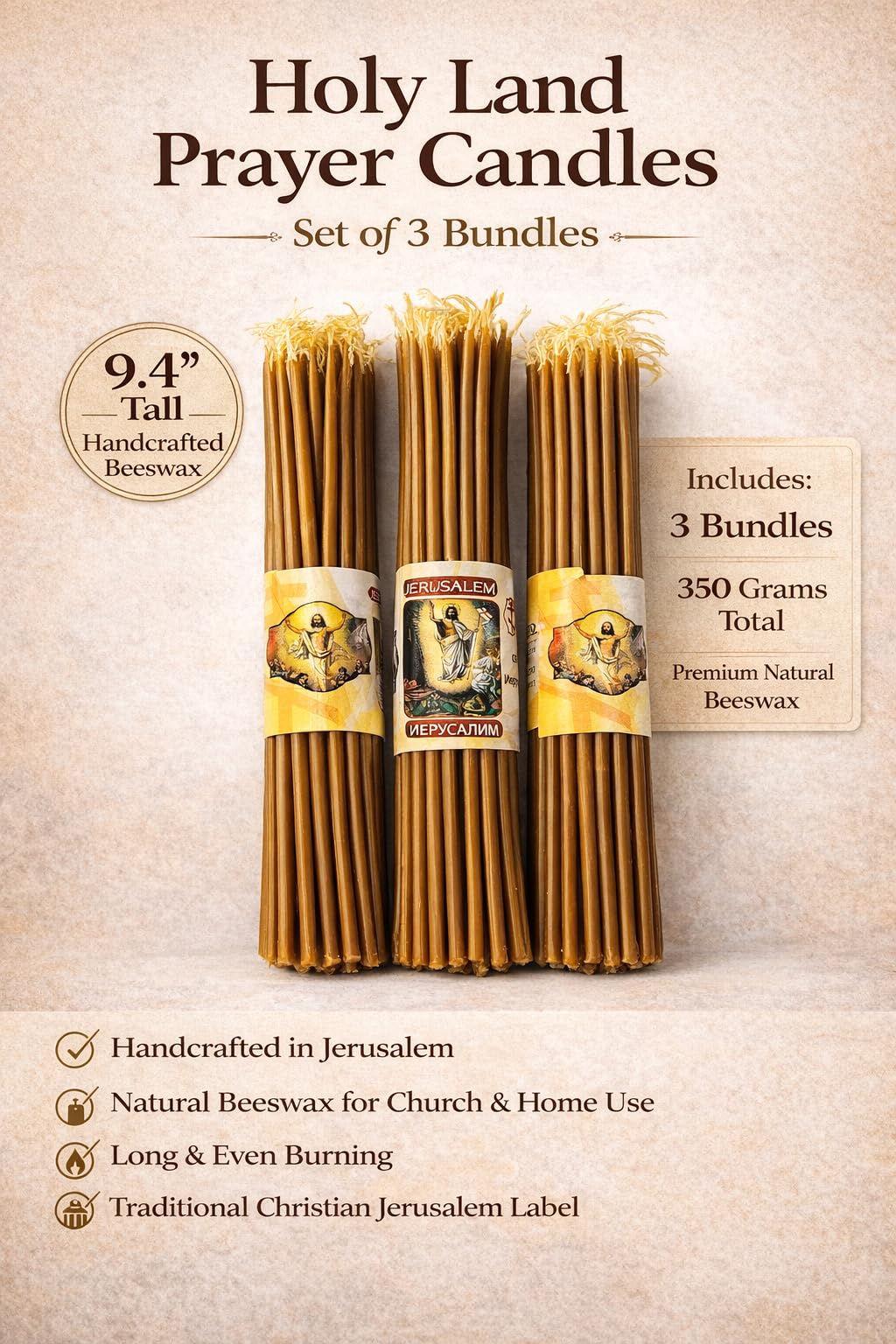 ZULUF 33 Beeswax Taper Candles Blessed at Holy Sepulchre Jerusalem – 9” Honey Scent Orthodox Church Prayer Candles, Christian Devotional Candles for Liturgy, Easter, Home Altar – 3 Bundles (99 Total)