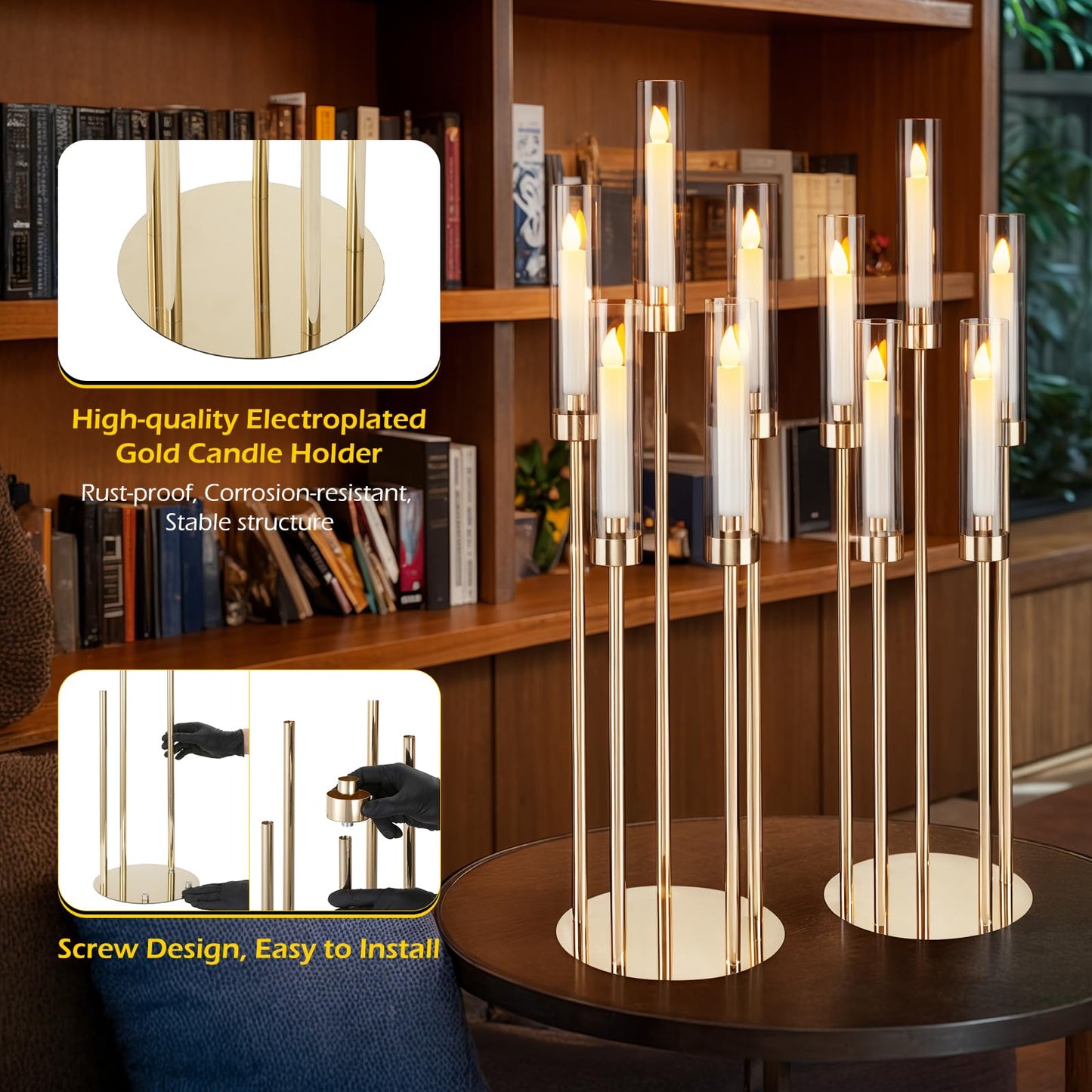 Dyna-Living Gold Candelabra 4 Set 34.6'' Tall Candelabras Centerpieces for Tables, 5 Arm Candle Holders Centerpiece with Acrylic Lampshade, Gold Candelabras Floor Stands for Wedding Party Home