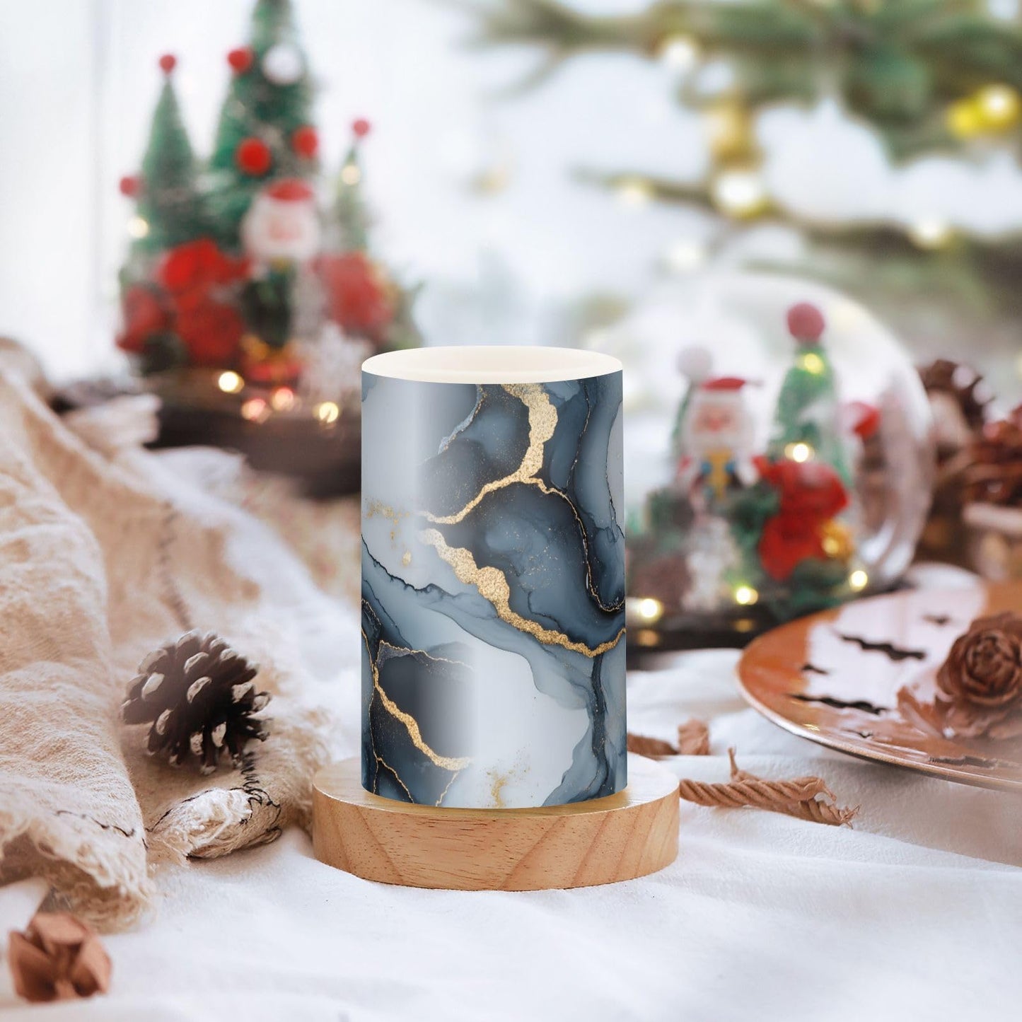 zyrtty 2 Pack Plastic Flameless Candles Blue Grey Gold Marble Pattern Ombre Battery Operated with Remote and Timer Real Wax LED Flickering Pillar Candles Set Window Christmas Holiday Decor