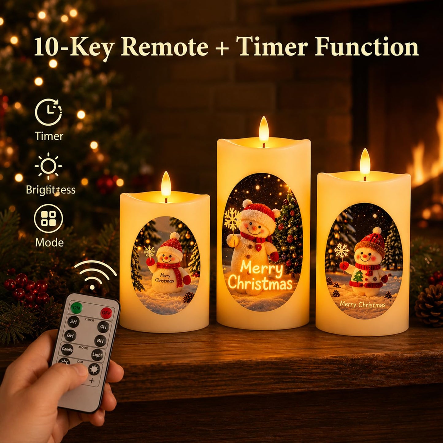Tzgckui Flameless Candles, Battery Operated Led Flickering Flameless Candles 3 Pack for Christmas, White Cylindrical with Winter Scene, Remote Control & Timer, 4/5/6 Inch for Holiday Home Decor