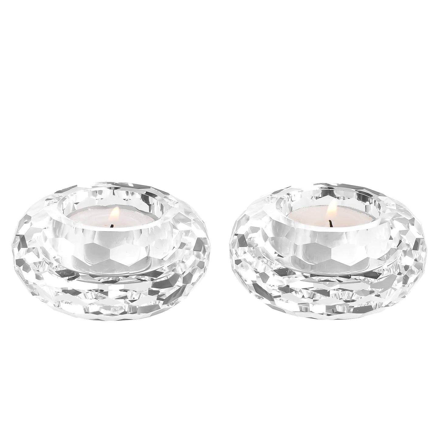 Kitcom Crystal Tealight Candle Holders Pack of 2, Hand-Cut Candle Holder Home Decor for Wedding Banquet Dinner 3.2" Diameter x 1.6" High, Clear