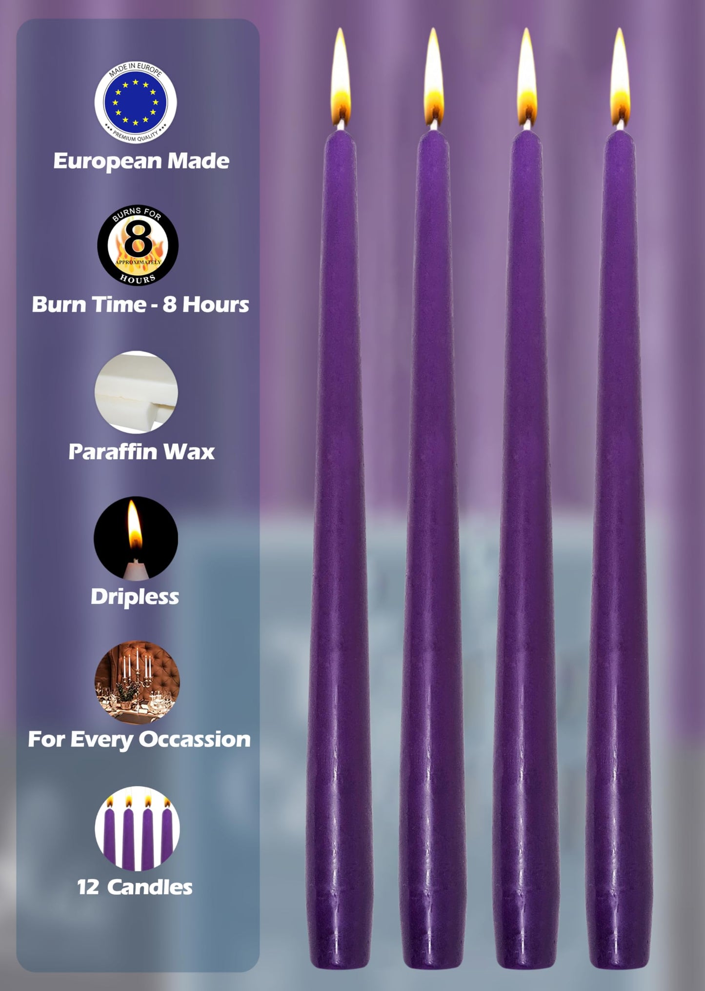Hyoola Tall Taper Candles - 10 Inch Purple Unscented Dripless Taper Candles - 8 Hour Burn Time - 12 Pack