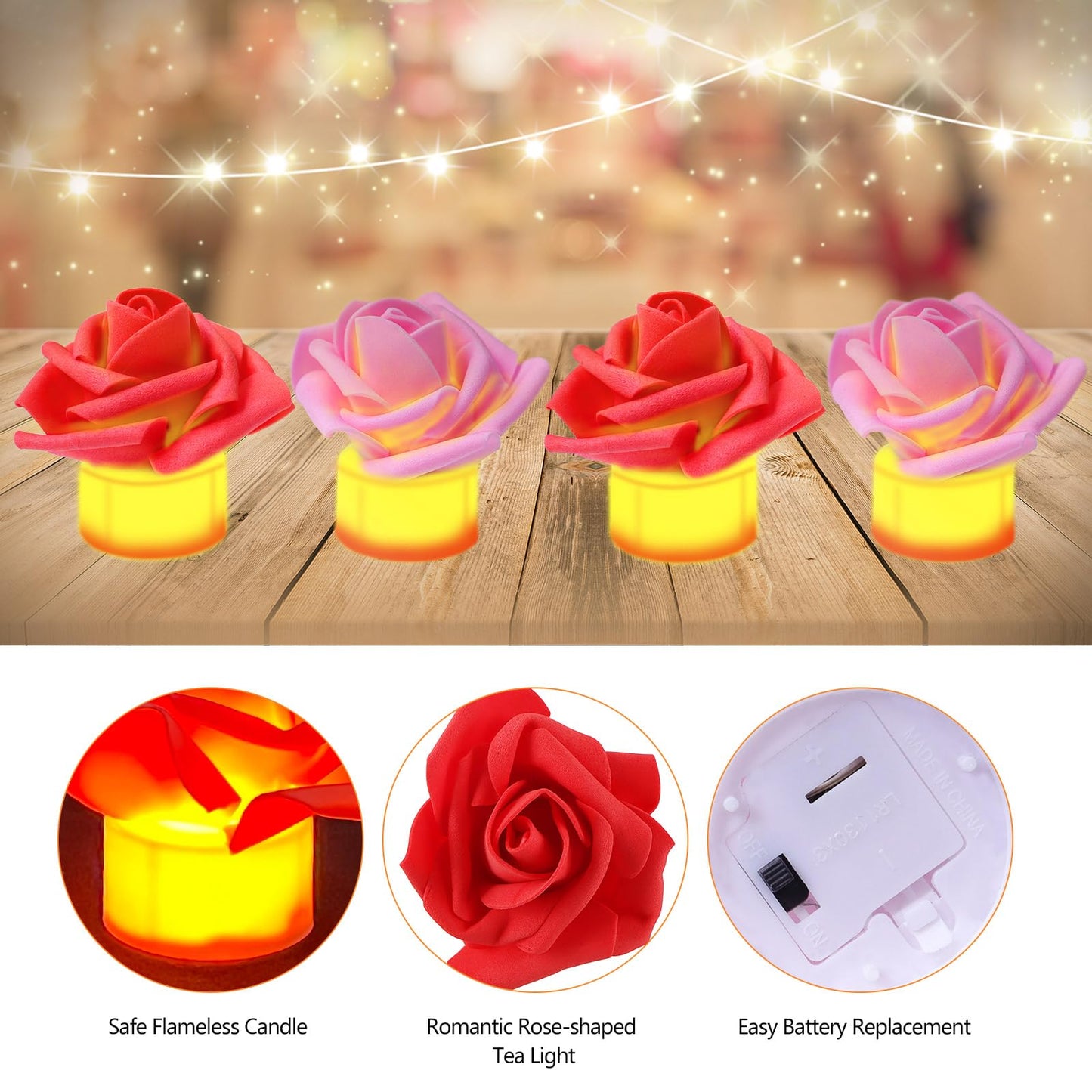 YBB 24 Pack Artificial Rose Tea Light, Valentine's Day Rose Petals Flameless LED Candle Lights for Romantic Night Anniversary Wedding Party Decor