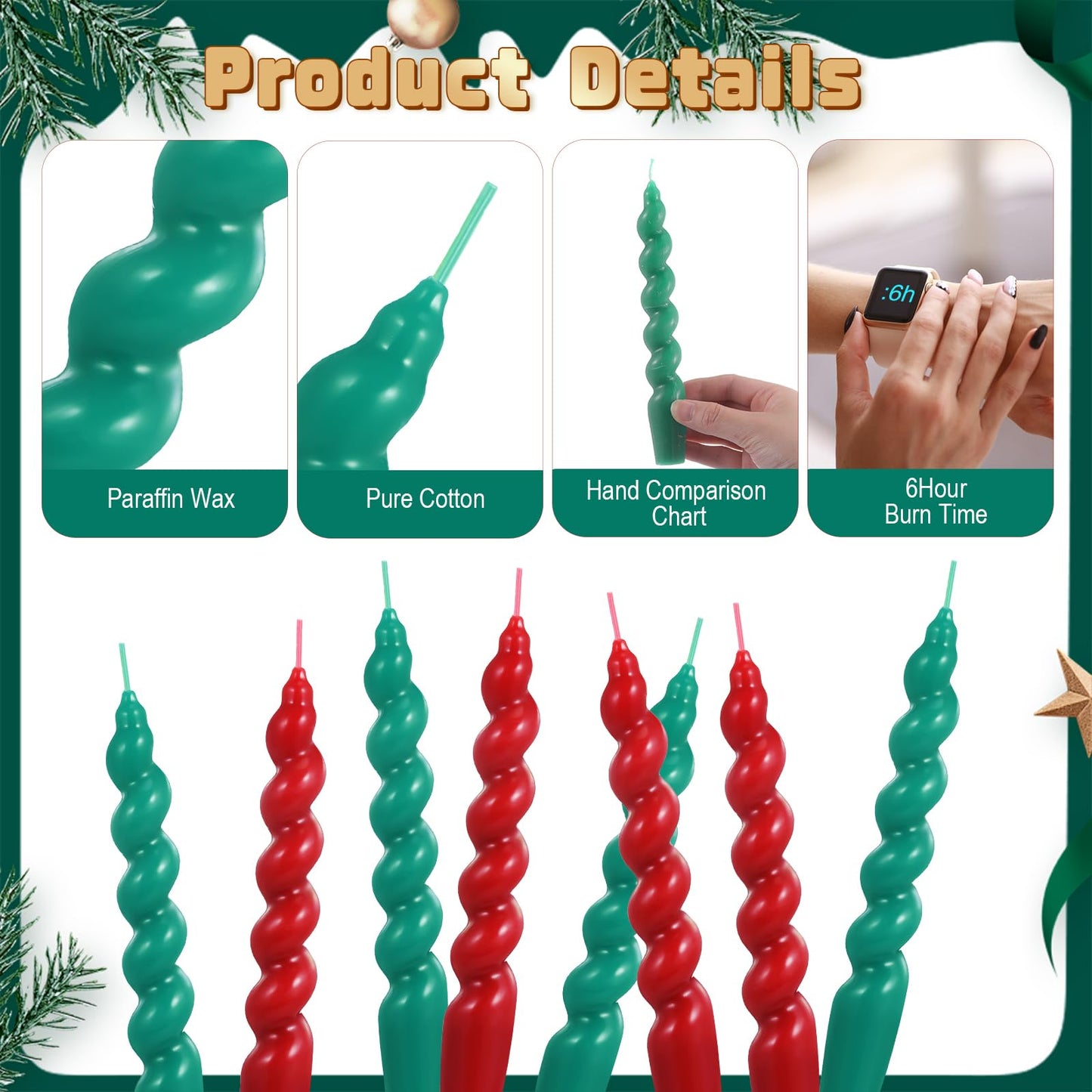 Zhengmy 4 Pcs Red Green Spiral Taper Candle 7 Inch Twisted Long Wax Dinner Candlestick for Fall Halloween Christmas Holiday Valentines Wedding Birthday Baby Shower Table Decor(Solid)