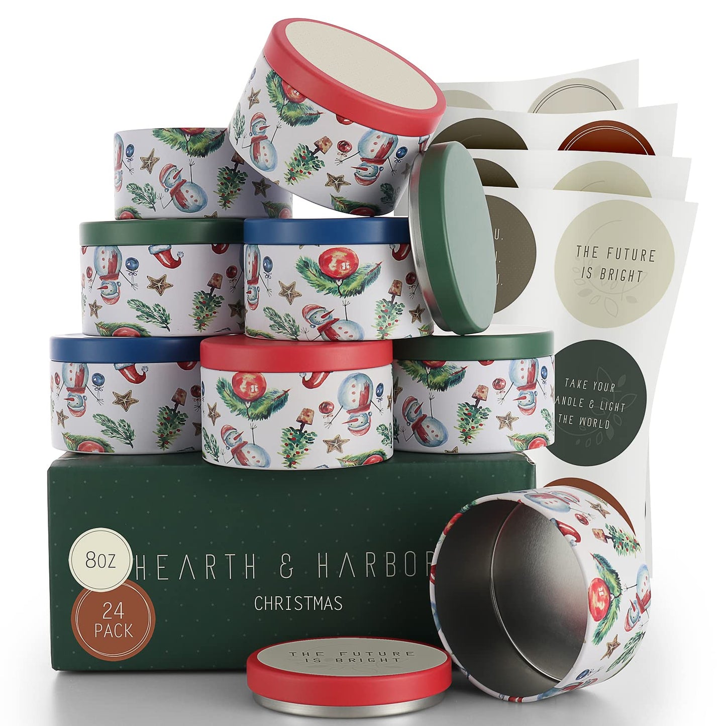 Hearth & Harbor Tin Candle Jars for Making Candles - DIY Candle Containers with Lids - Metal Candle Jars - Bulk Tins Storage for Candle - (24 Pieces) - (8 Ounces) - Solid Christmas