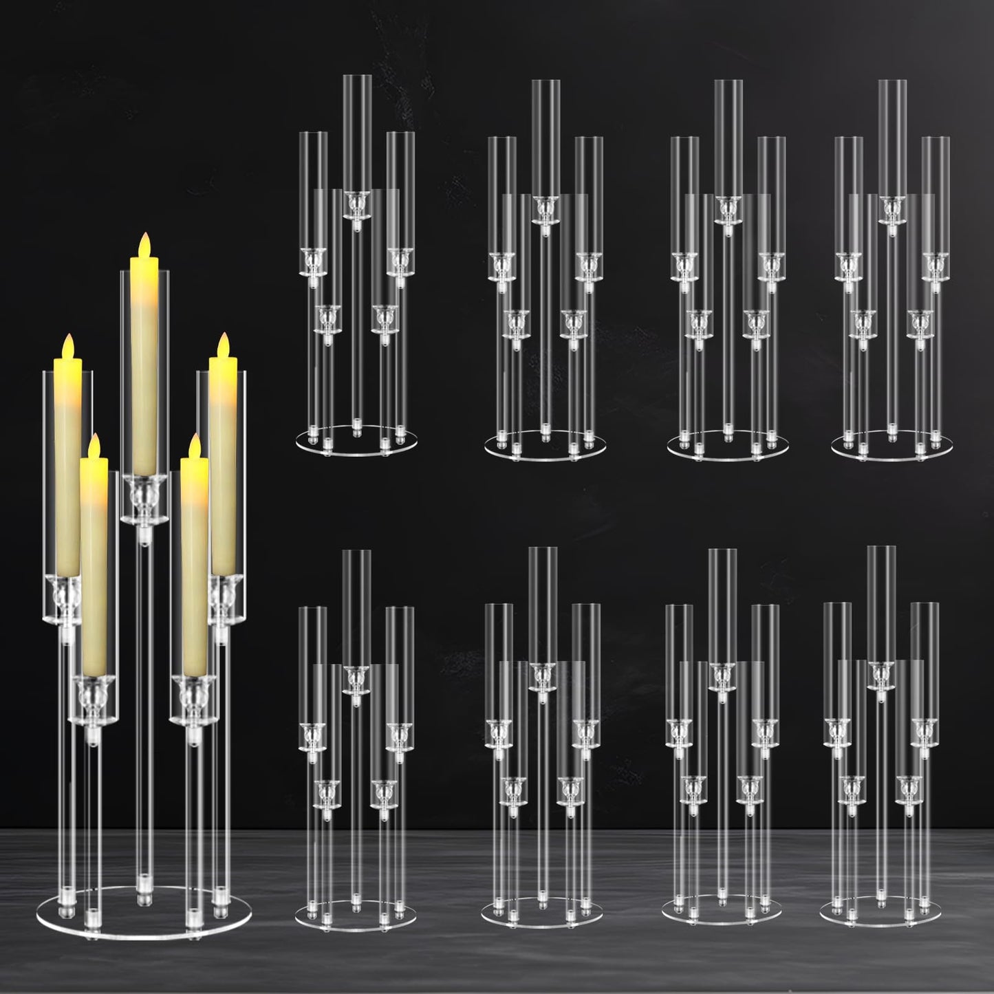8 Sets 5 Arms Acrylic Candelabra Centerpieces for Tables,Clear Candle Holder for Wedding,Ceremony Dinner Party, 27" Tall Candlestick Holders with Lampshade,Fit LED Candle