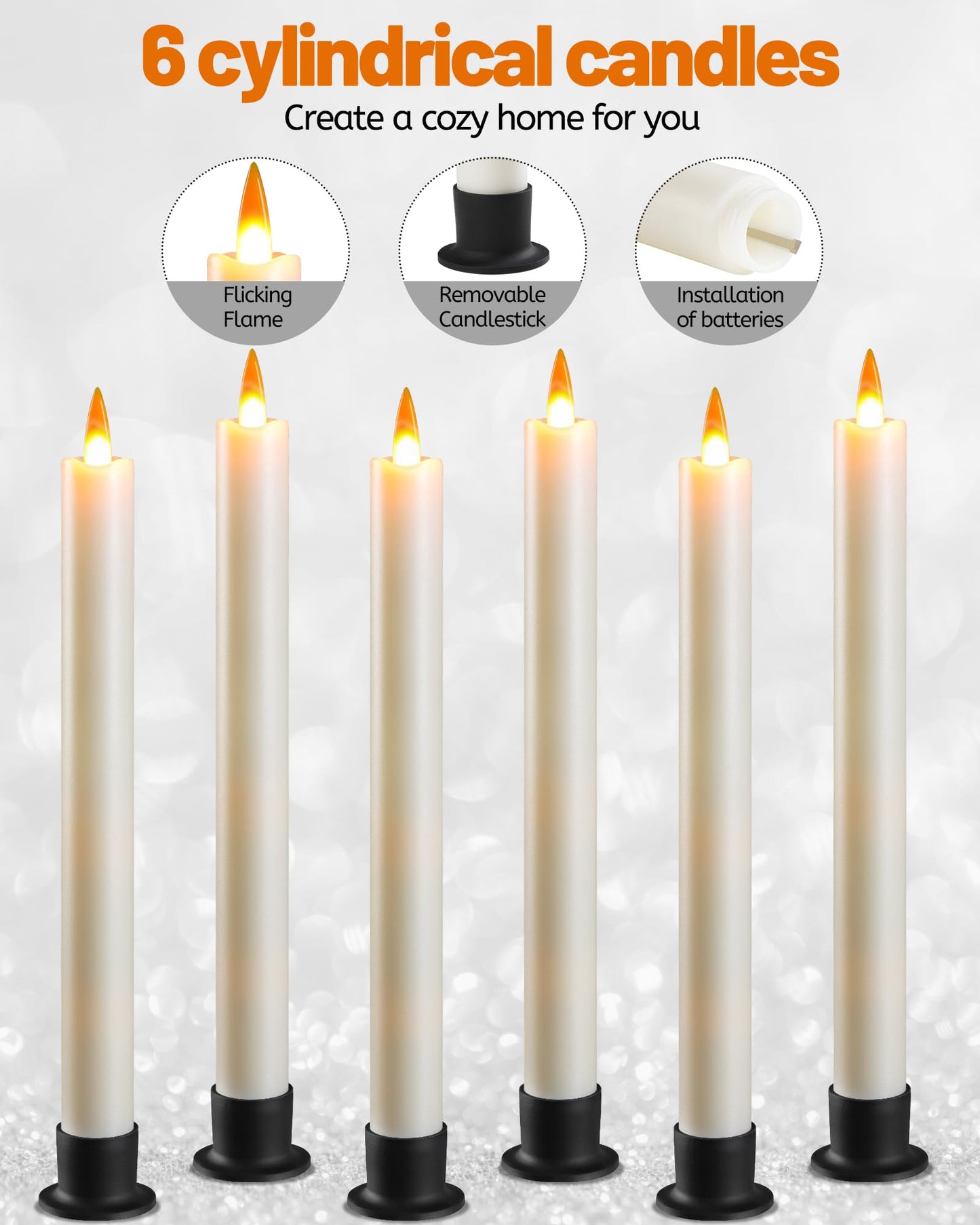 Da by 6 Flameless Window Candles with Remote Controller & Timer, LED Cone Stick Candle, Free 6 Black Bases, 9.6 Inch Battery Powered Christmas Candles for Home, Party, Holidays, Christmas Decoration