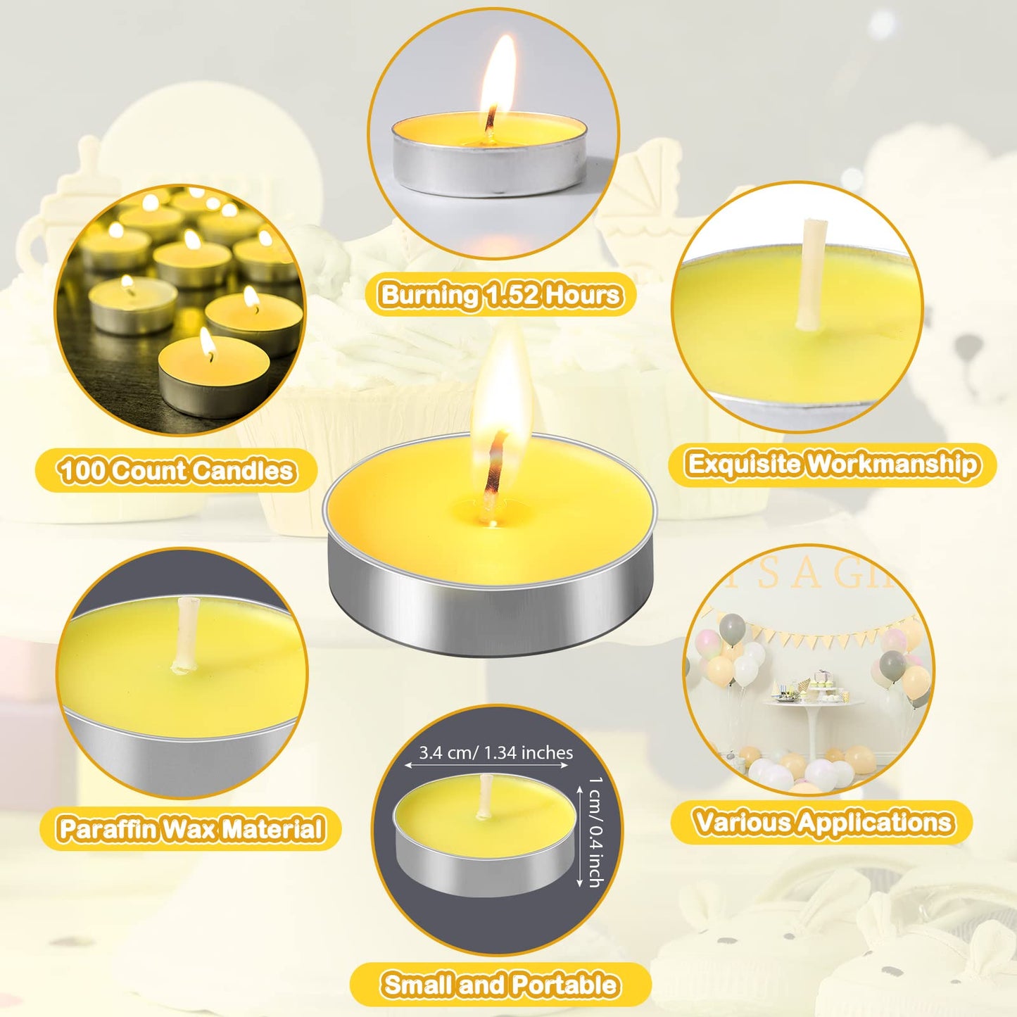 Amyhill Beeswax Tea Light Candle Set - 100 Pieces Unscented Baby Shower Party Favor with Cute Bee Theme - Includes Cards & Organza Bags