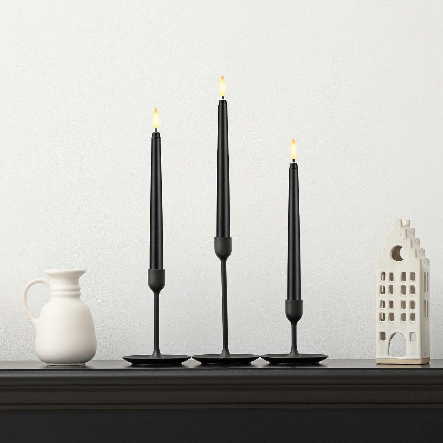 Baquler 12 Pcs 9.7 Inch Black Flameless Taper Candles, Battery Operated Taper Candles LED Warm 3D Wick Flickering Candlesticks for Church Wedding Home Decor Halloween Christmas Hanukkah New Year