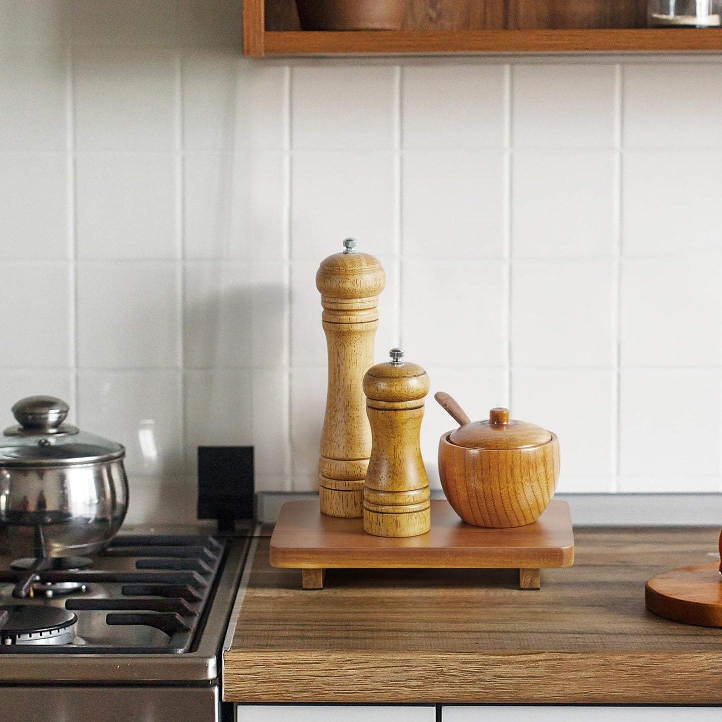 Small Acacia Wood Bathroom Tray Pedestal Stand Farmhouse Kitchen Decor Decorative Wooden Riser Soap Dish Sponge Holder for Vanity, Counter, Sink, 9" x 5.75"