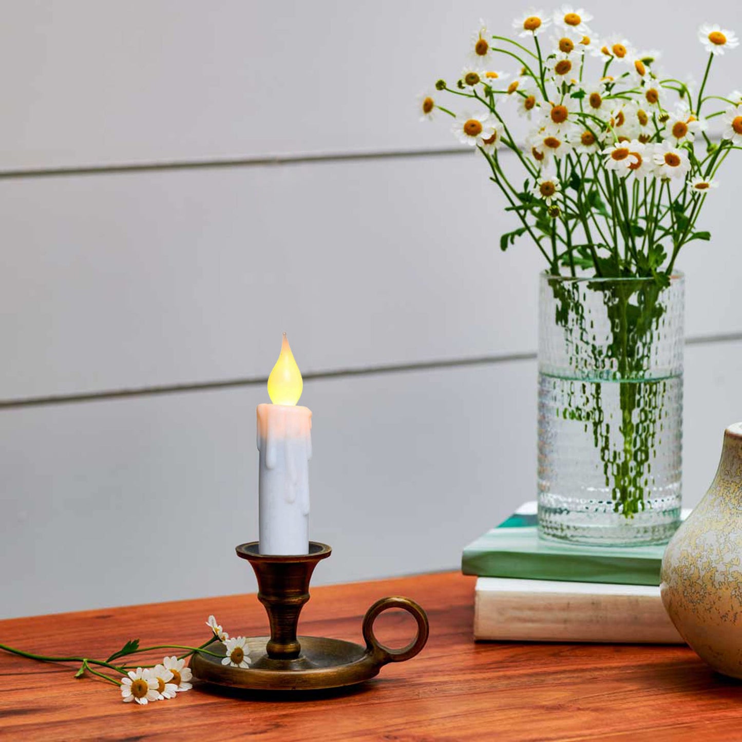 CVHOMEDECO. Flickering Taper Candles LED Drip Flameless Candles, Battery Operated with Timer, White, 4-3/4 Inch, Set of 3