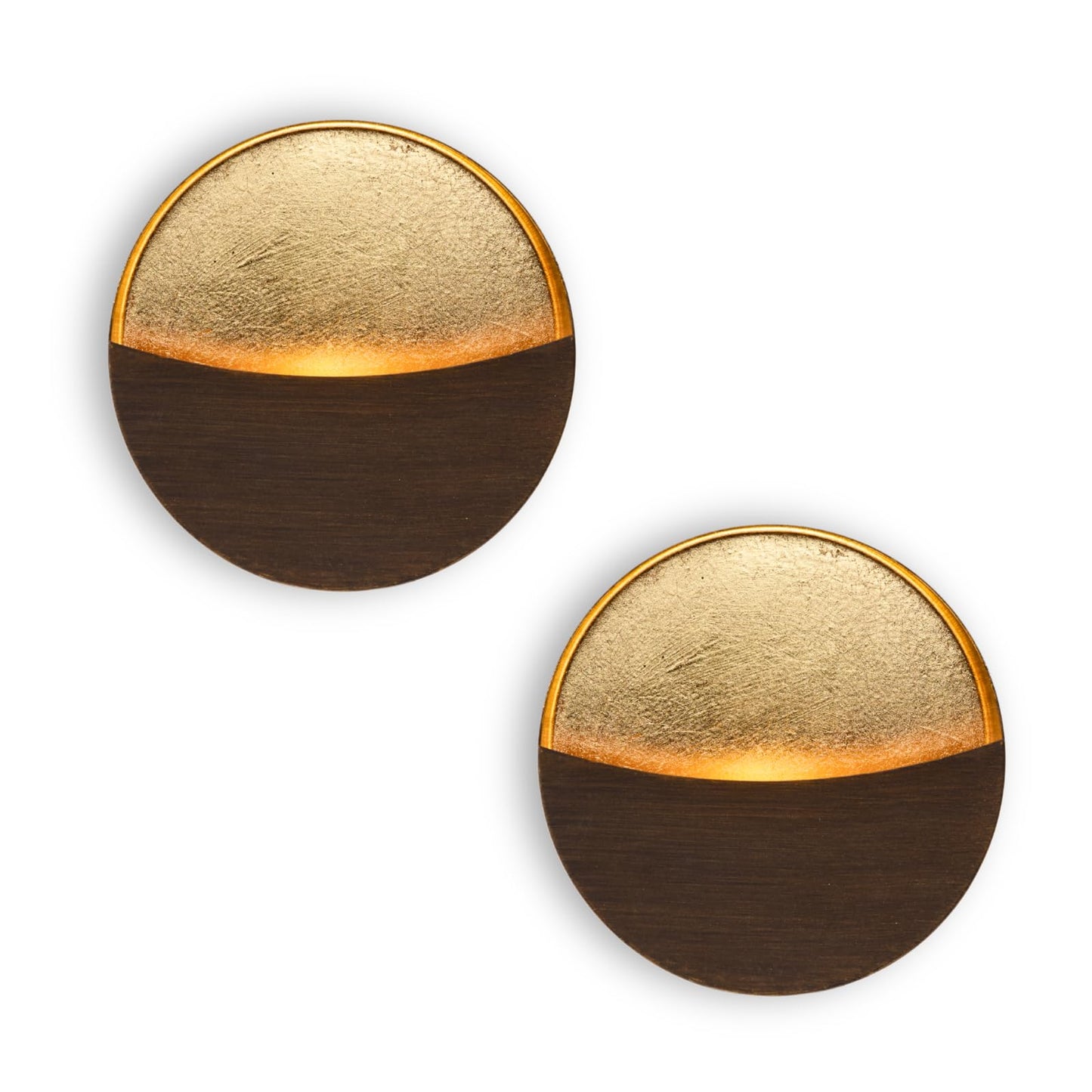 Eclipse Wall Candle Holder Set of 2, Metal Candle Sconces with Brushed Wood Grain and Gold Interior, Christmas Wall Decor for Living Room, Bedroom, and Modern Farmhouse