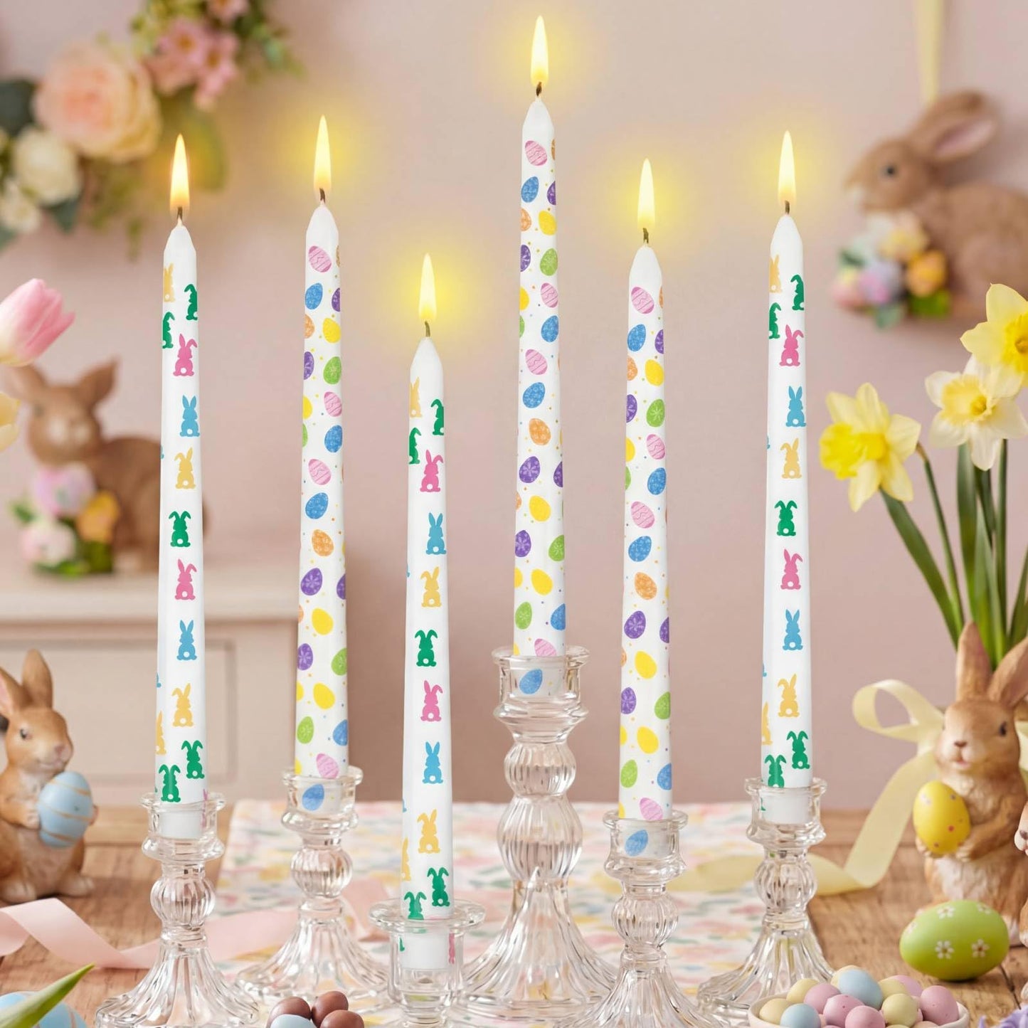 Threlaco 12 Pcs Bunny and Egg Taper Candles Set 10 Inch Pastel Spring Candle Sticks for Table Decoration Dinner Party Holiday Decor Basket Stuffer