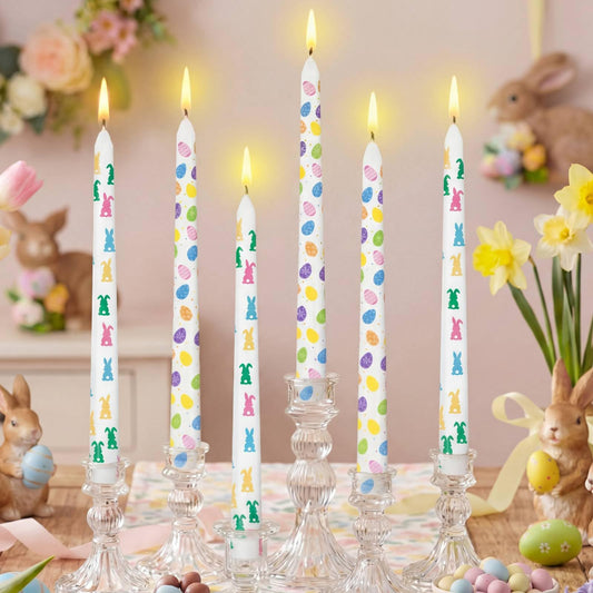Threlaco 12 Pcs Bunny and Egg Taper Candles Set 10 Inch Pastel Spring Candle Sticks for Table Decoration Dinner Party Holiday Decor Basket Stuffer
