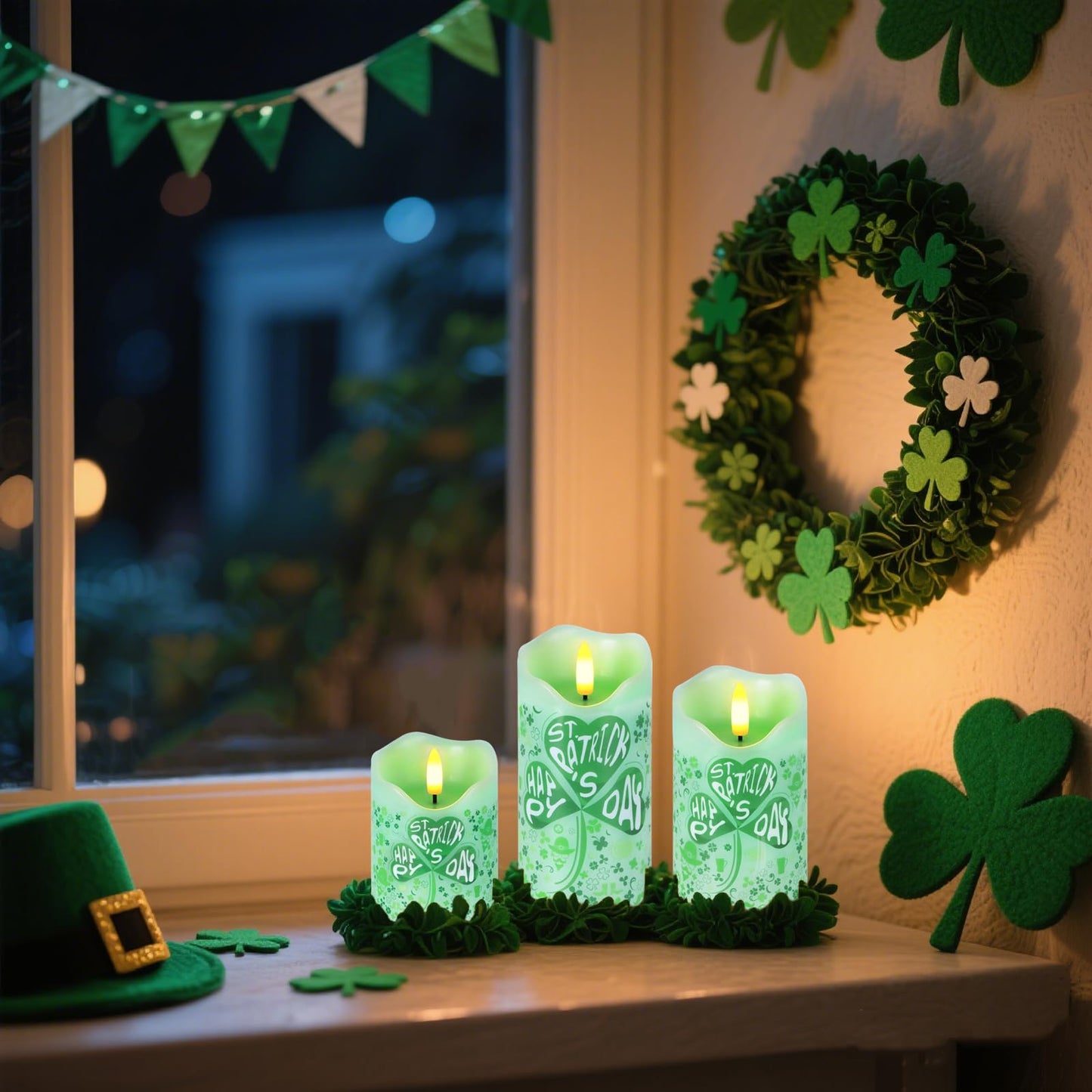 Flameless Candles Lights, Set of 3 Flickering St. Patrick's Day Pillar Candles with Remote & Timer, Dimmable Real Wax Shamrock LED Candles Battery Operated for Home St. Patrick's Day Decor (Clover)