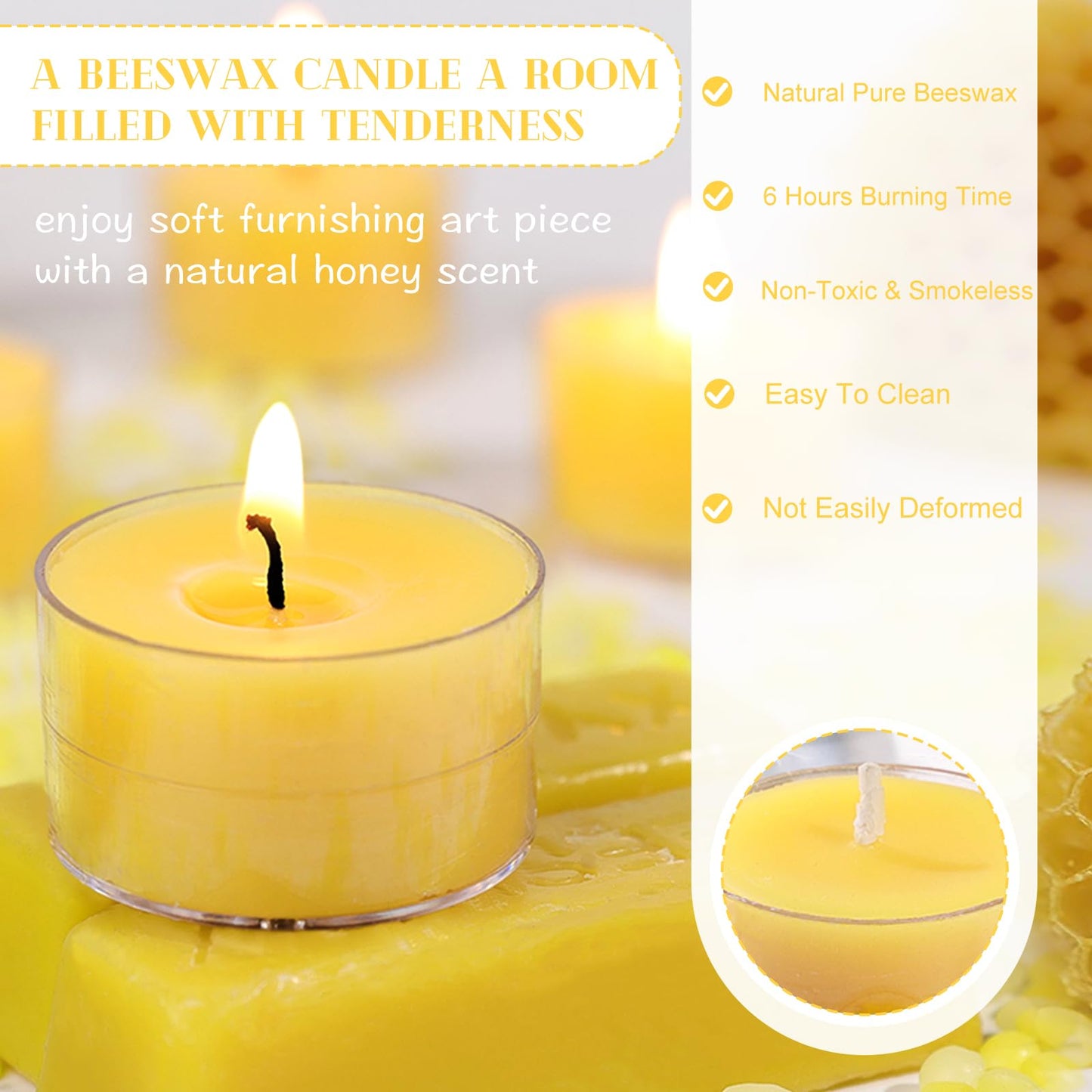 6 Hours Beeswax Tealight Candles, 48 Packs Pure Beeswax Candles Extended Burn Time Beeswax Tea Lights Burn Evenly and Clean Bees Wax Tealight Candles Bulk for Relaxing Air Purification