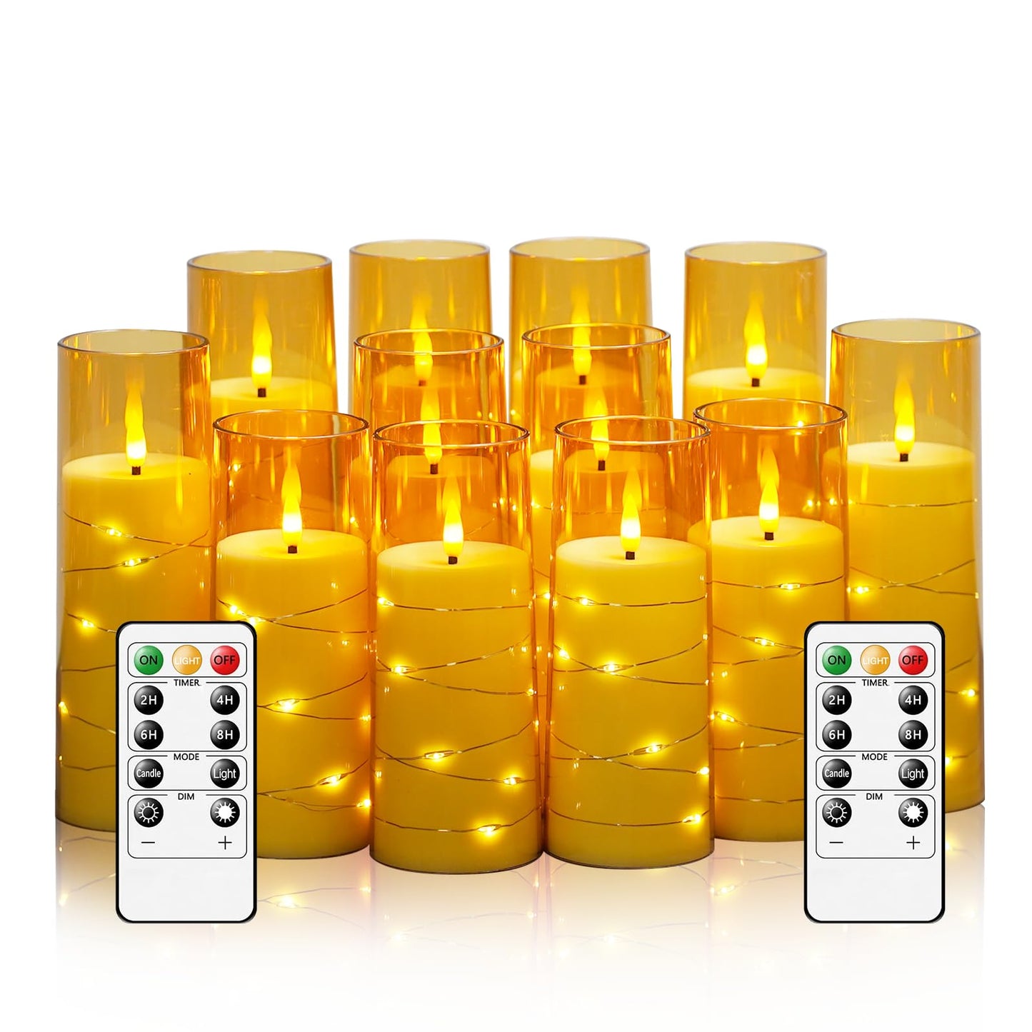 Sasigeiaa Flameless Candles with Embedded Star String - Battery Operated LED Candles, with Remote,12 Gold Flickering Candles for Christmas, Weddings, Home Decor & Party,(D 2.3"×H 5" 6" 7")