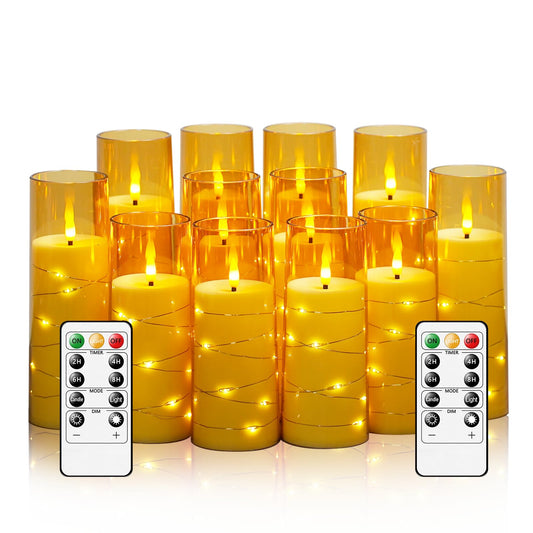 Sasigeiaa Flameless Candles with Embedded Star String - Battery Operated LED Candles, with Remote,12 Gold Flickering Candles for Christmas, Weddings, Home Decor & Party,(D 2.3"×H 5" 6" 7")