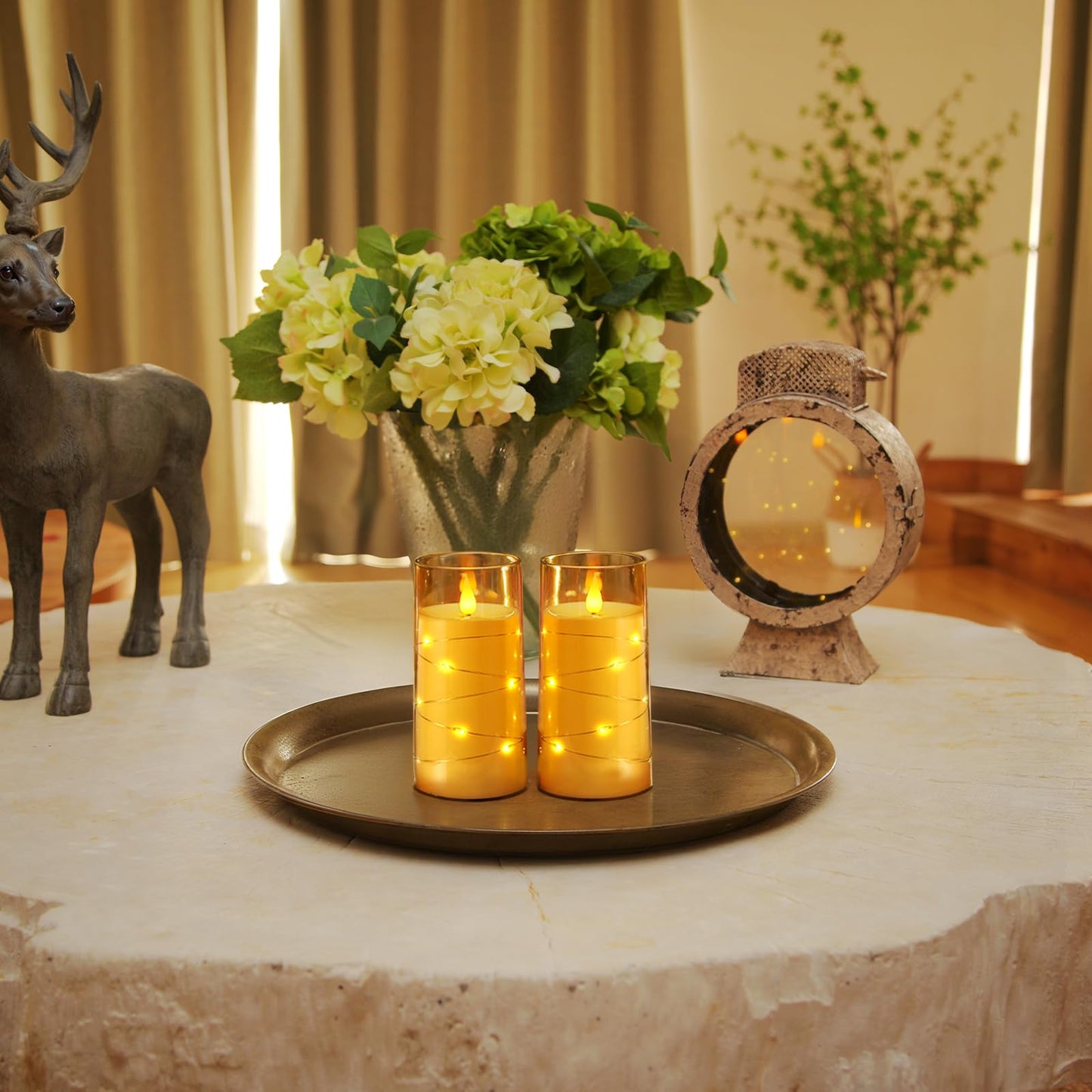 Homemory Flameless Candles with Embedded Star String Fairy Lights, Battery Operated Candles, LED Candle, Fake Candles with Remote Control and Timer, Gold, Set of 2(H 6" 6")