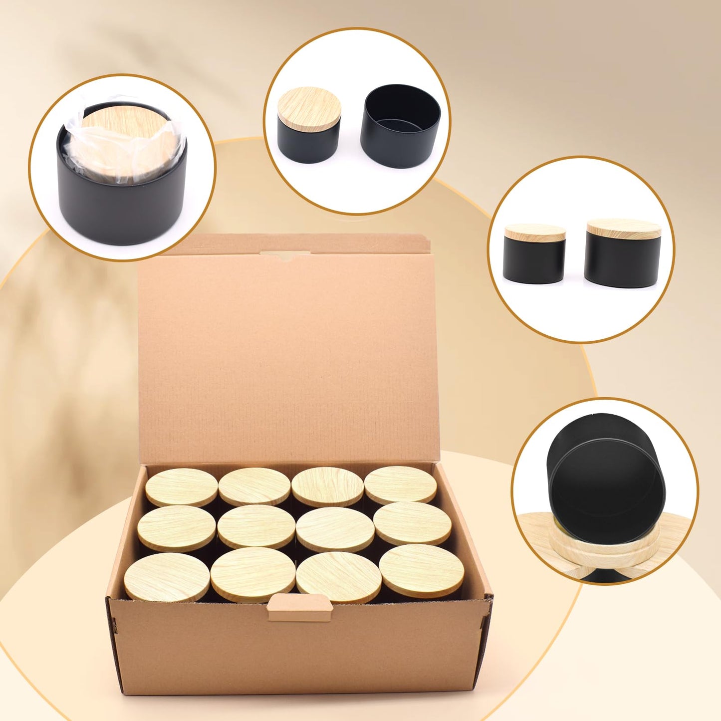 YJHSS 48-Pack Candle Jars, 24pcs 8oz + 24pcs 4oz Candle tins with Metal Wood-Grain Printing Lids, Empty Candle Jars for Making Candles Bulk Candle Containers-Black