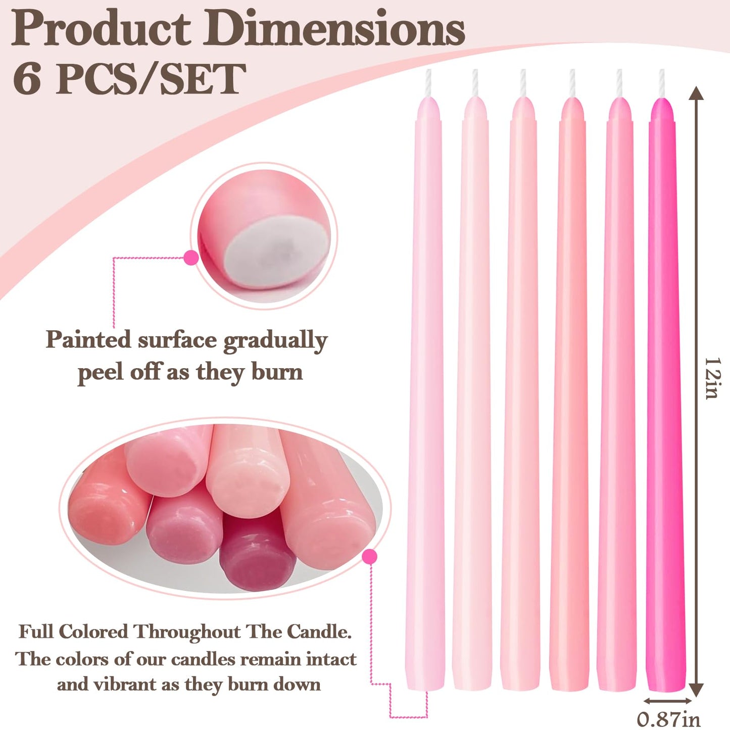 W&LESVAGO 12 Inch Gradient-Pink Taper Candles, 6 Packs Unscented Candlesticks for Dinner, Wedding, Valentine’s Day and Home Decoration, Dripless and Smokeless