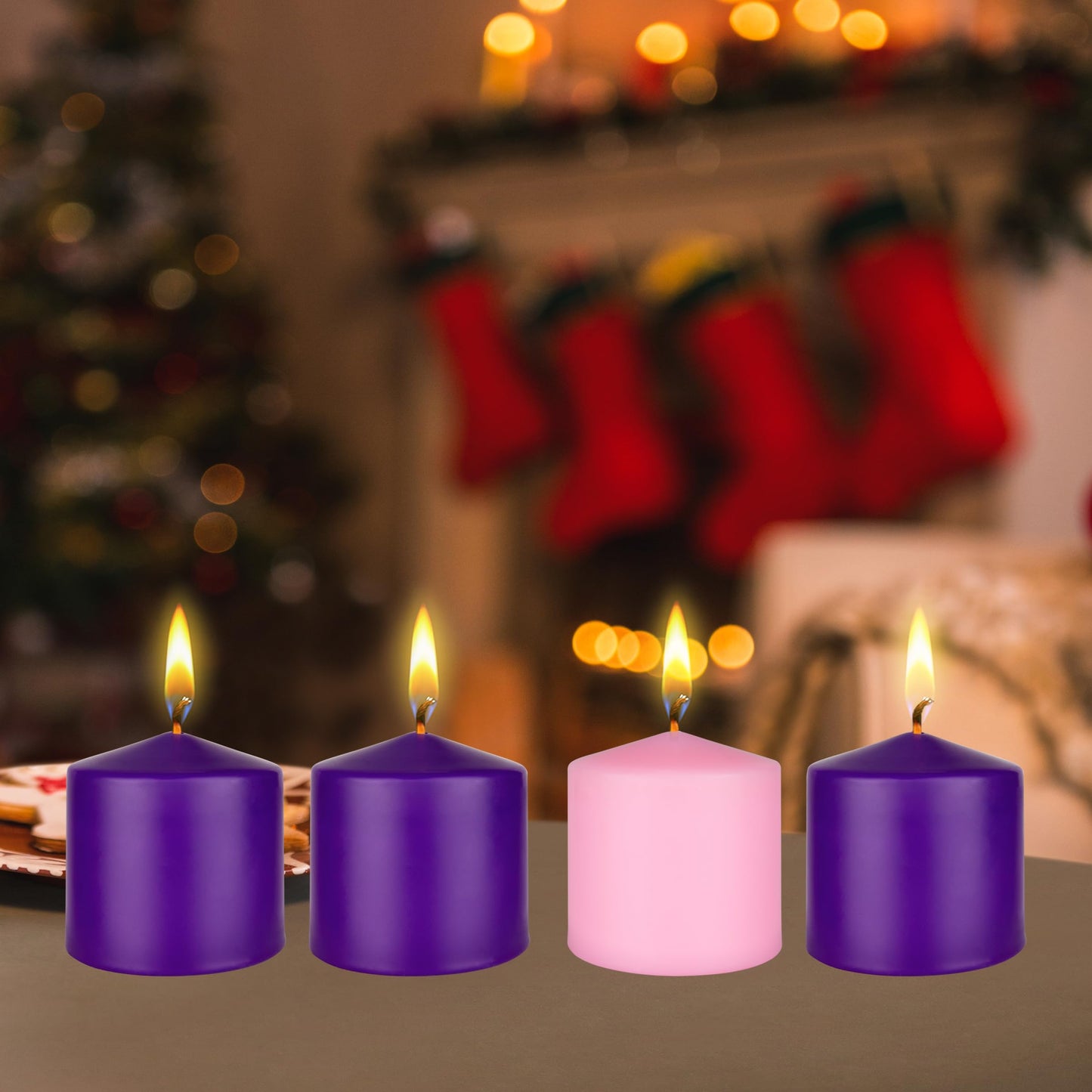 Mega Candles 4 pcs Unscented Christmas Advent Candles Set, Hand Poured Premium Wax Dome Top Round Pillar Candle 3 Inch x 3 Inch, Holidays, Festivities, Devotional, Church, Wreath, Party, Gifts