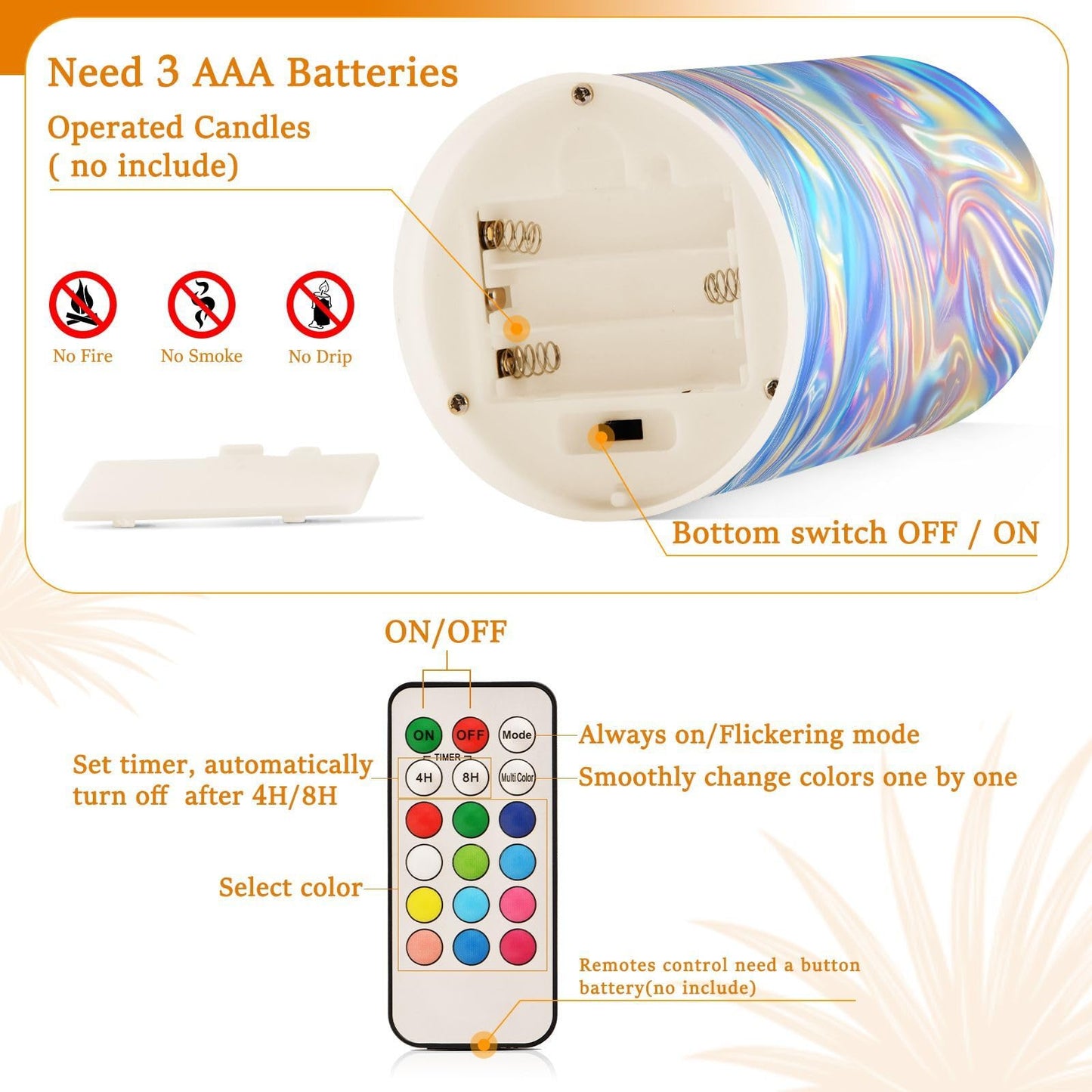ALAZA Holographic Pattern Flameless Candles, LED Pillar Candles with Remote Timer, Battery Operated Candles Set of 2