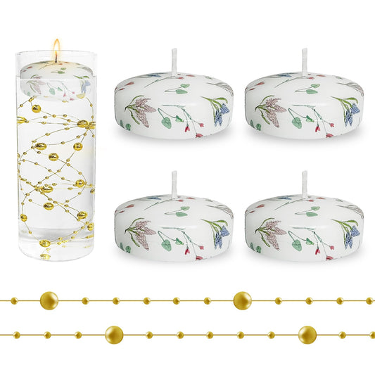 4 Pack Print Floating Candles 2 inch Floral Floating Candle with 2 Pearl String Unique Unscented for Centerpieces Wedding Christmas Lights Romantic Night (Hyacinth Flower Pattern)