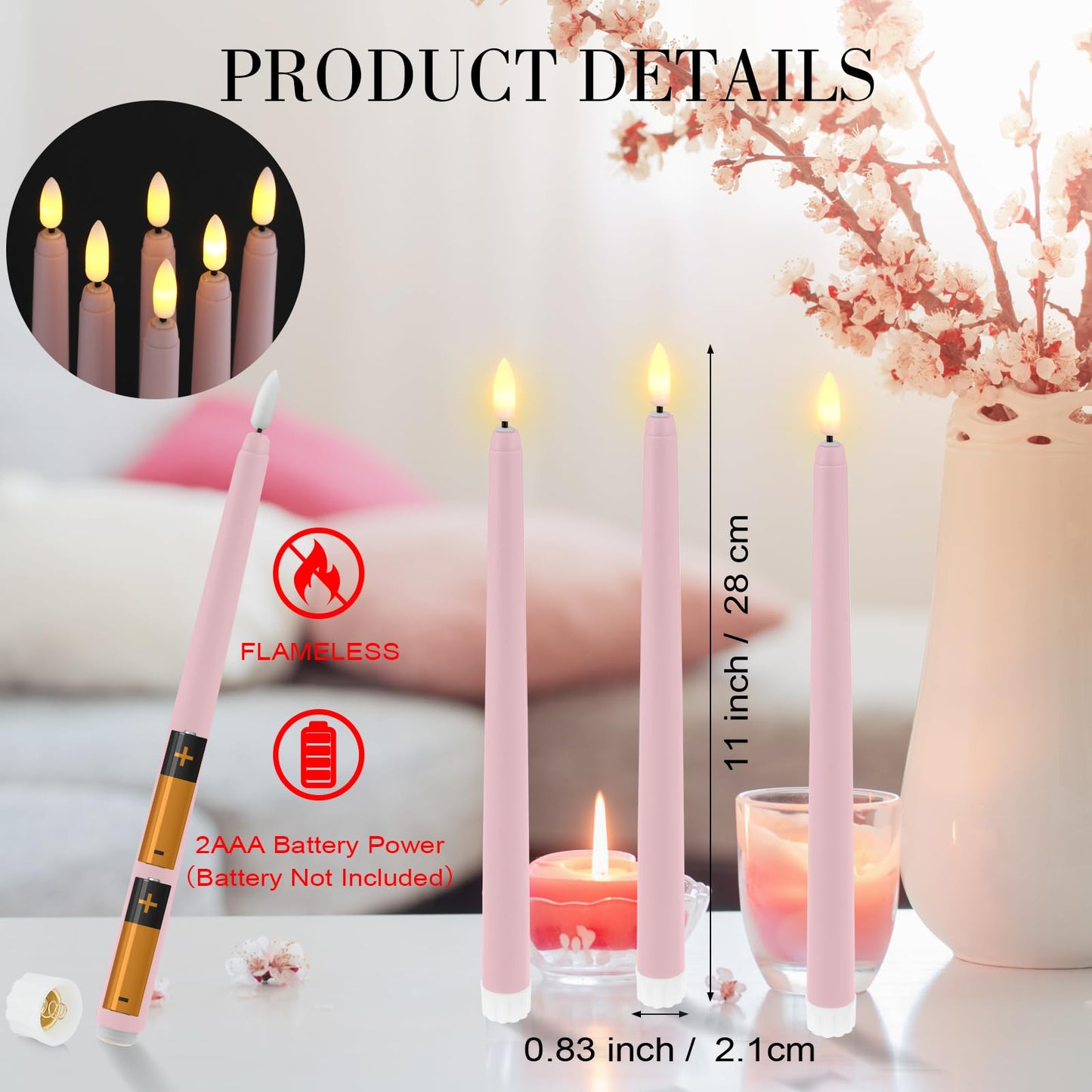 Macarrie 24 Packs Flameless Taper Candles Battery Operated Fake 11 Inch Long Candlelight LED Flameless Candlesticks Flickering Tapered for Spring Summer Wedding(Pink)
