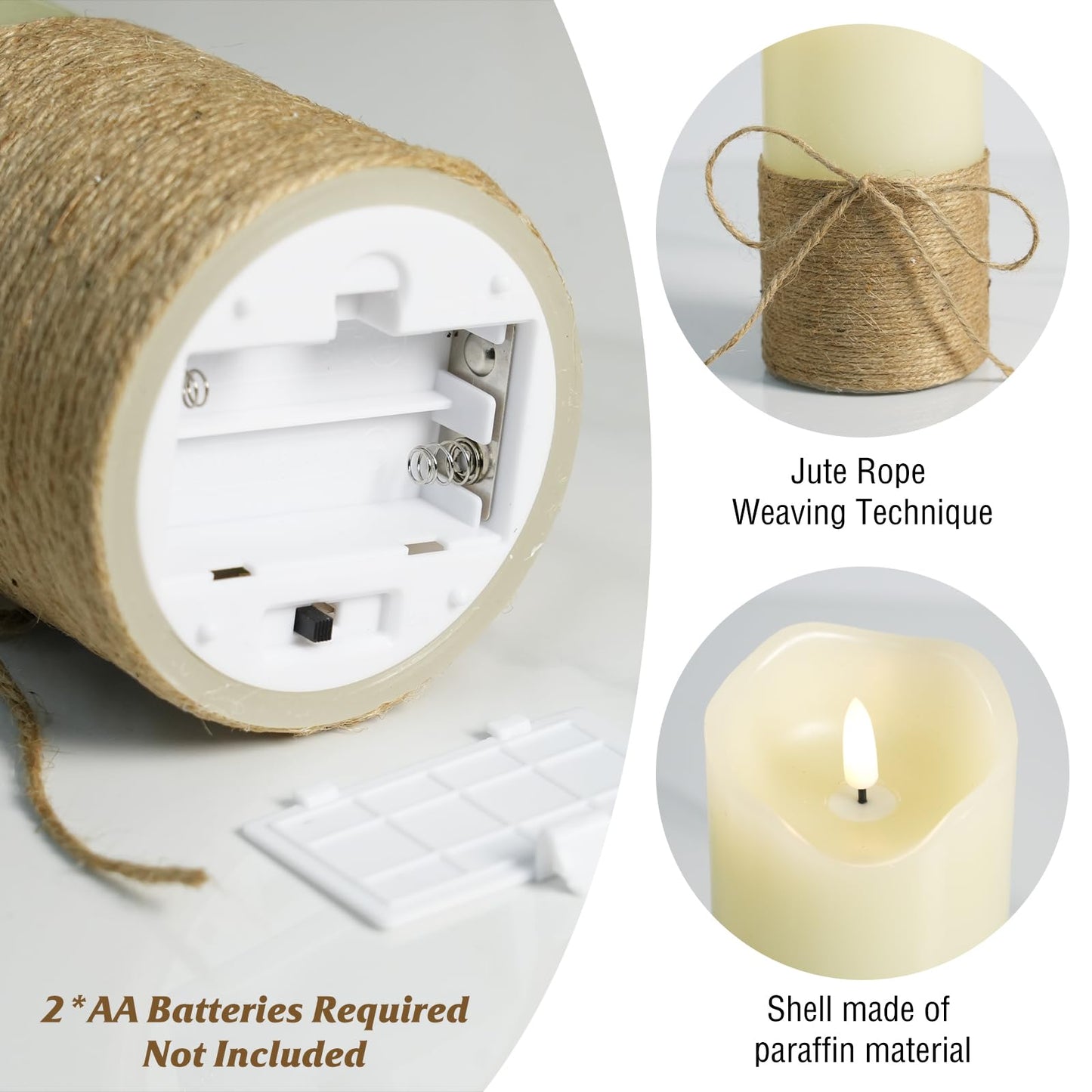 Homwamee Flameless Candles with Remote Timer-3D Flickering Hemp Rope LED Candles Set of 3(4”/5”/6”, Battery Powered for Home/Wedding/Party/Table Decorations