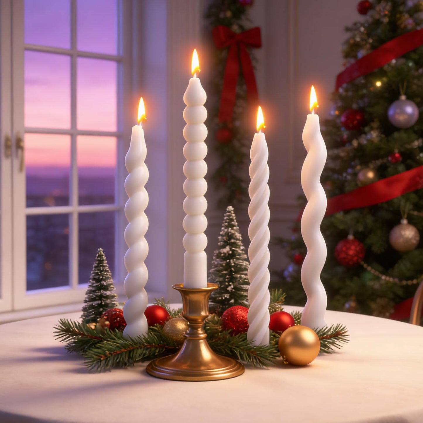 4 PCS 7.87 Inch White Spiral Taper Candle Twisted Long Wax Candles Wave Twisted Ribbed Candlesticks,for Christmas Holiday Valentines Day Wedding Dinner Spring Party Home Decor