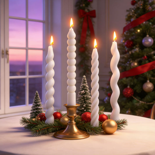 4 PCS 7.87 Inch White Spiral Taper Candle Twisted Long Wax Candles Wave Twisted Ribbed Candlesticks,for Christmas Holiday Valentines Day Wedding Dinner Spring Party Home Decor