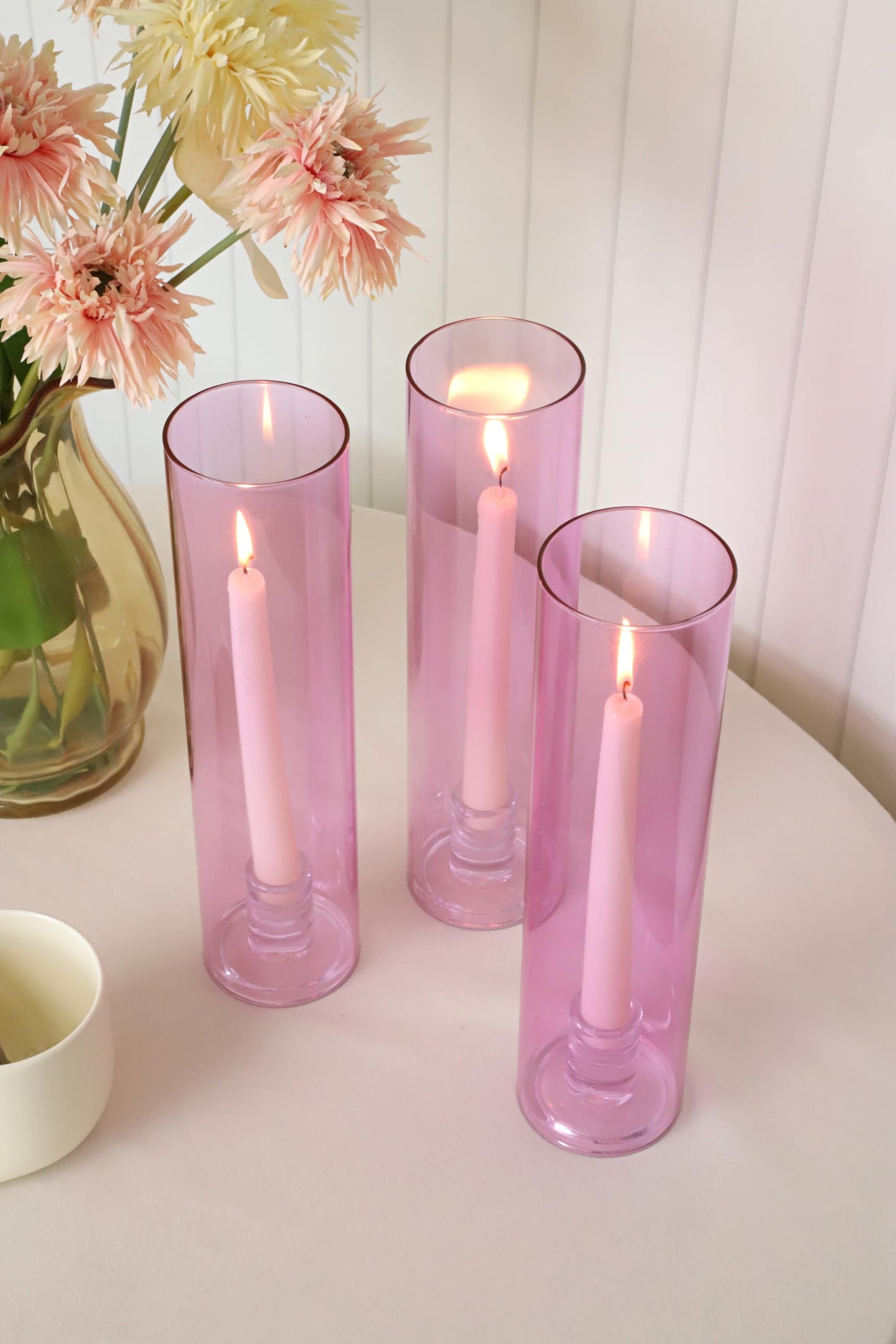 Vixdonos Glass Hurricane Candle Holder Set of 3 Modern Candlestick Holders Long Taper Candle Stand with 11.8 inch Tall Cylinder Windproof Cover for Wedding Party Table Centerpiece Outdoor