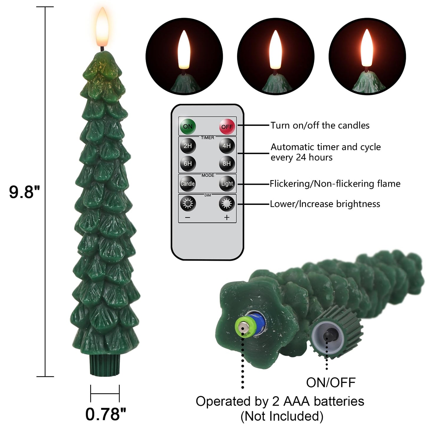 DRomance Christmas Tree Flameless Taper Candles Battery Operated with 10-Key Remote and Timer Real Wax LED Taper Candles 3D Wick Flickering Lifelike Leaves Dinner Xmas Holiday Decoration Set of 4