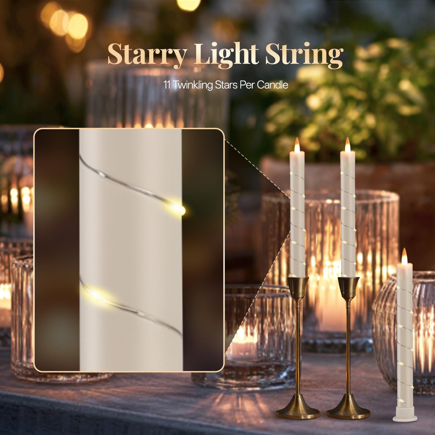 Rlojru 3pcs Flameless Taper Candle with Remote, Battery Powered, Timer, 3 Ivory ABS Candlesticks, 11 Mini Surround String Lights, 9.4 Inch LED Candles for Wedding, Birthday Party, Prom, Home Decor