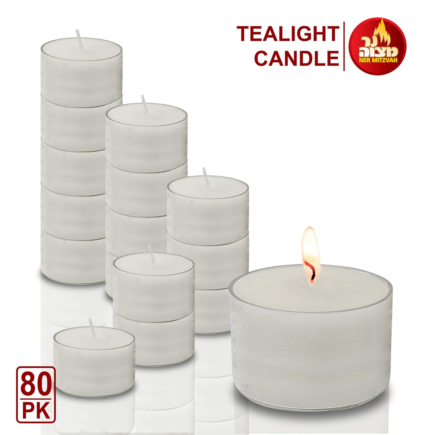 Ner Mitzvah Long Burning Tealight Candles - 8 Hours - White in Clear Cups - Unscented - 80 Pack - Made in EU