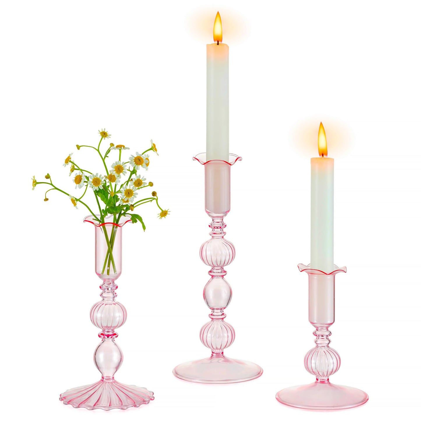 Glasseam Tapered Candlestick Holders Pink: Set of 3 Glass Candle Sticks Holder Decor with Bobeche Modern Ribbed Taper Candle Holders for Table Centerpiece Valentines Wedding Home Decorations