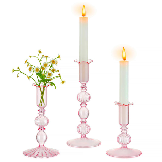 Glasseam Tapered Candlestick Holders Pink: Set of 3 Glass Candle Sticks Holder Decor with Bobeche Modern Ribbed Taper Candle Holders for Table Centerpiece Valentines Wedding Home Decorations