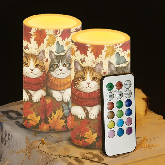 Luarisgur Fall LED Candles with Remote Cat Maple Leaves Flameless Candles Battery Operated LED Warm Light Flickering Candles for Thanksgiving Theme Decor Autumn Fall Harvest Living Room Decorations