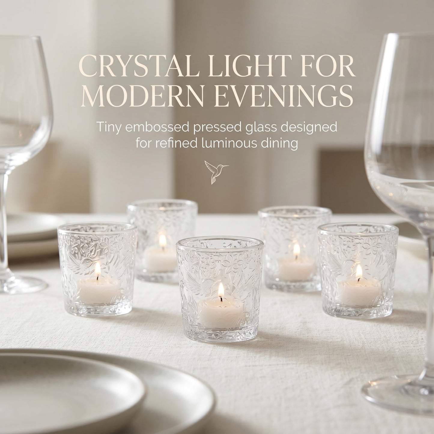 6 Pack Hummingbird Embossed Glass Candle Holders Votive Tealight Holders with Patent Design, Decorative Cups for Wedding Centerpieces, Parties, and Home Decor (Crystal Clear)