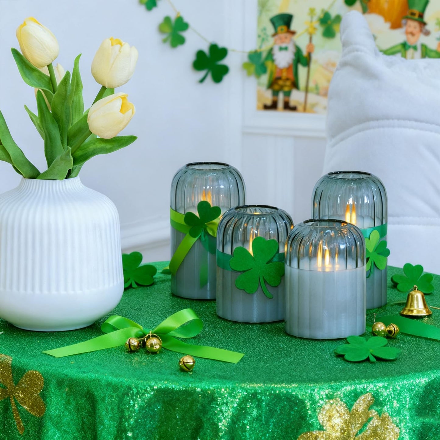 Lezonic Glass Flameless Candles Battery Operated with Remote, Dancing Flame LED Flickering Pillar Candles, Set of 4 Real Wax St. Patrick's Day Gift Fall Decorations for Home Room Decor (Pumpkin Green)