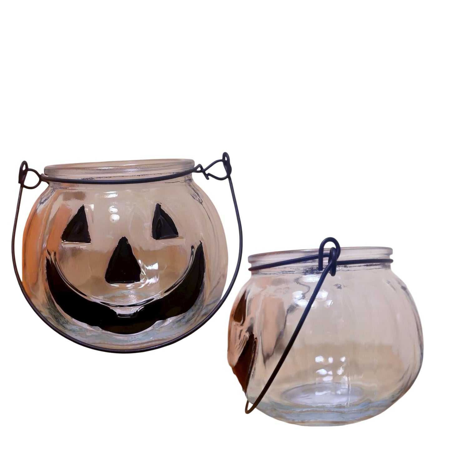 Halloween Glass Pumpkin Lantern, Clear Mason Jar with Handle, Jack O'Lantern Design