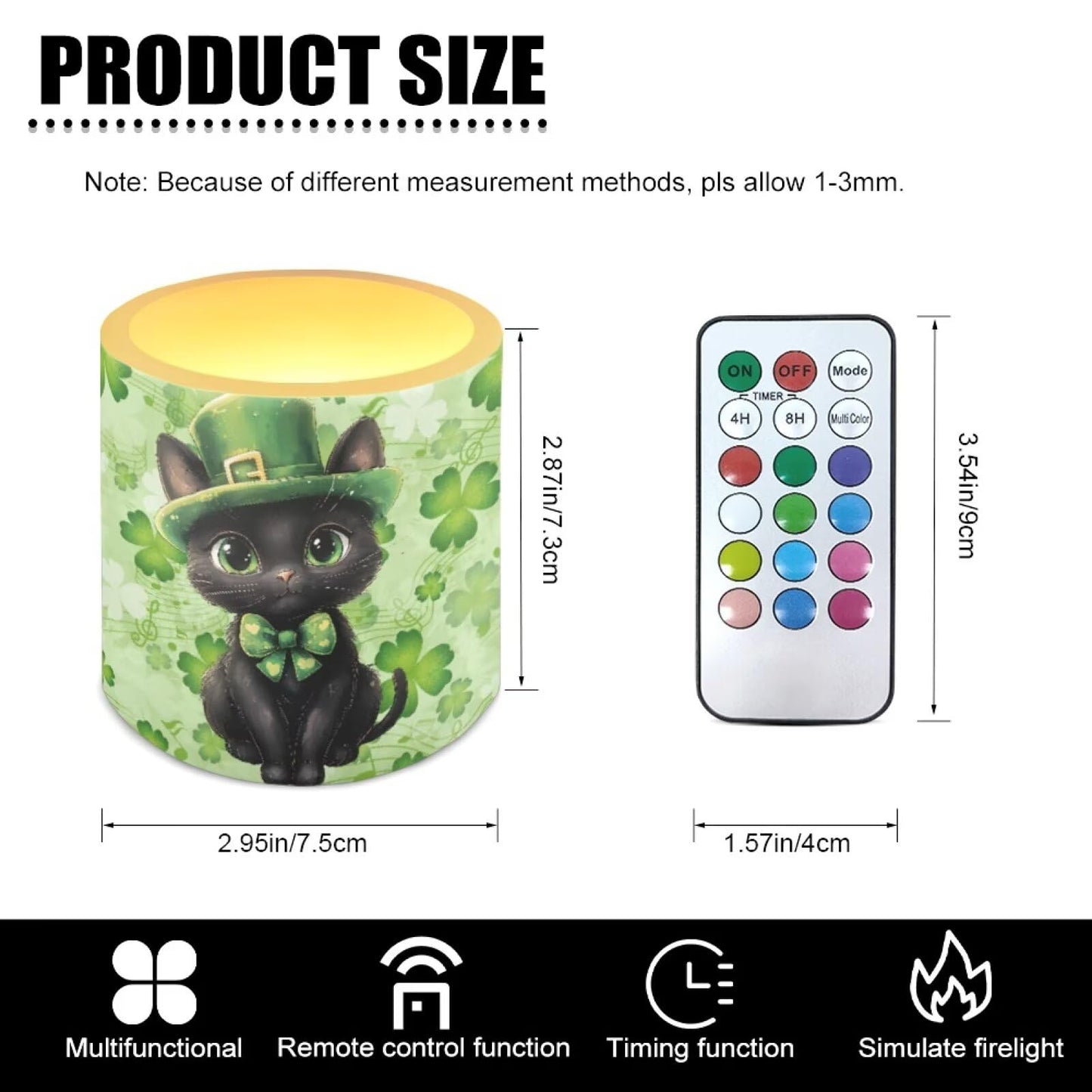Merkmak 4Pcs St Patrick's Day Shamrocks Flameless Candles with Remote Battery Operated Candles with Timer, Cute Black Cat Pillar Tea Lights Bulk for Indoor Outdoor Home Decorations