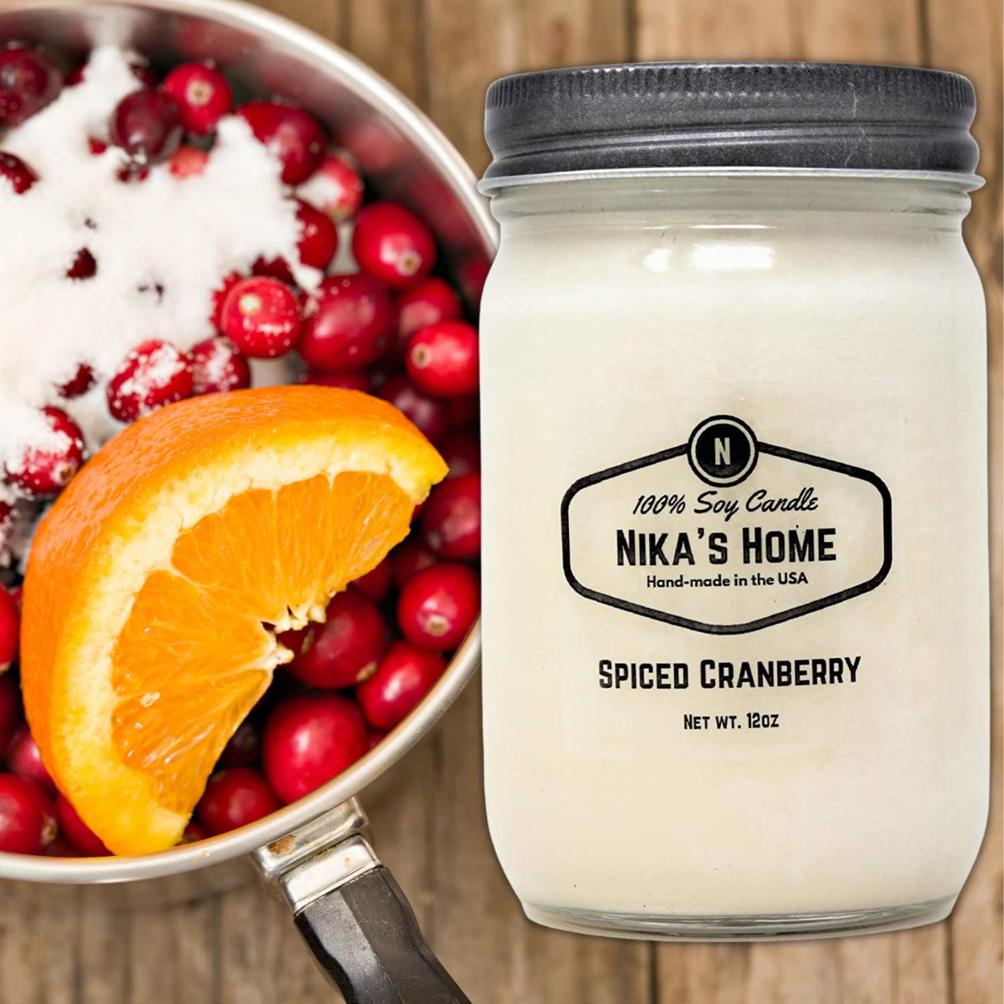 Nika's Home Spiced Cranberry Soy Candle - 12oz Mason Jar - Non-Toxic - Hand Poured in The USA, Long Burning 50-60 Hours Highly Scented All Natural, Clean Burning