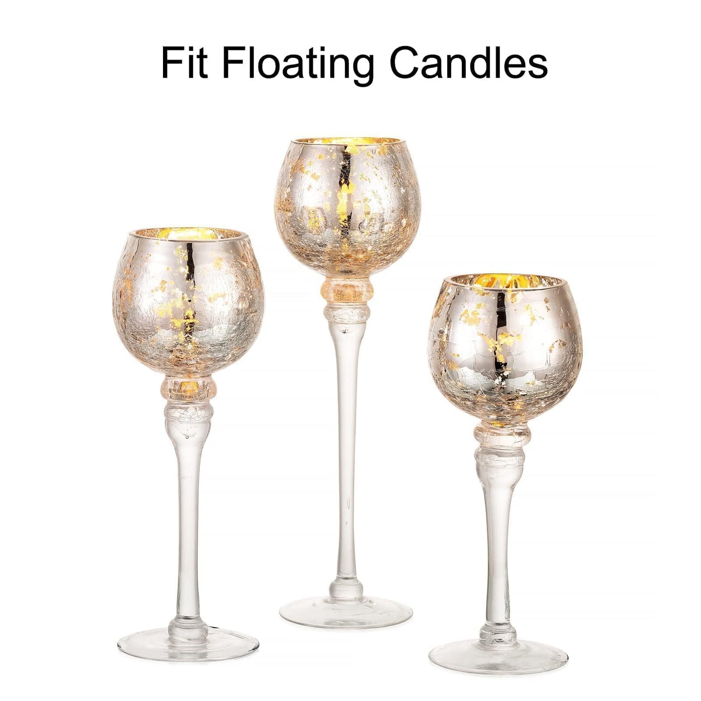 Inweder Glass Tealight Candle Holder: Silver Mercury Votive Holders 9/10/12 Inch Tall Long Setm Floating Candle Holders for Christmas Dining Table Centerpiece Wedding Party Set of 3