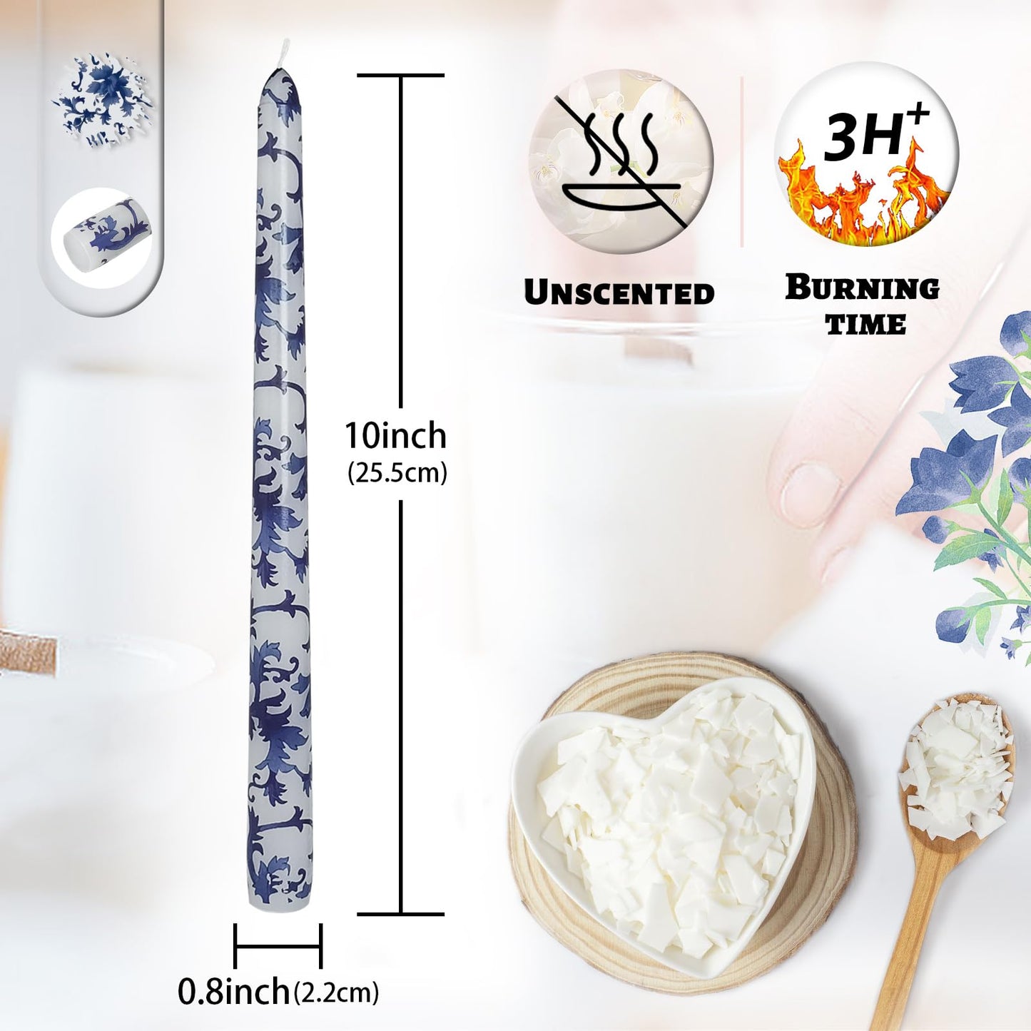 Unscented Floral Taper Candle Spiral Candlesticks - Set of 4 Handmade Blue and White 10 Inch Long Candle Sticks Print Tapered Candles for Home Wedding Dinner Gifts